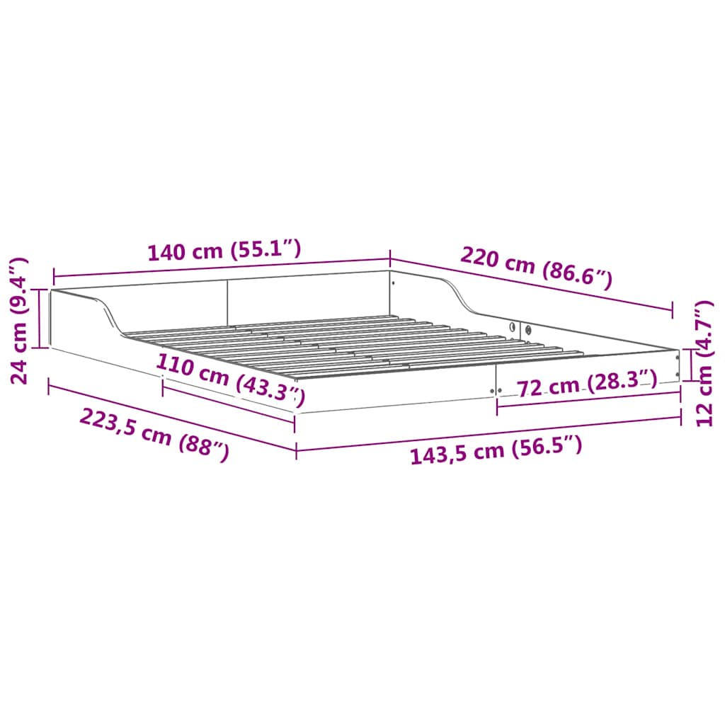 vidaXL Ramka łóżka Brązowy 140 x 220 cm Lite drewno sosnowe