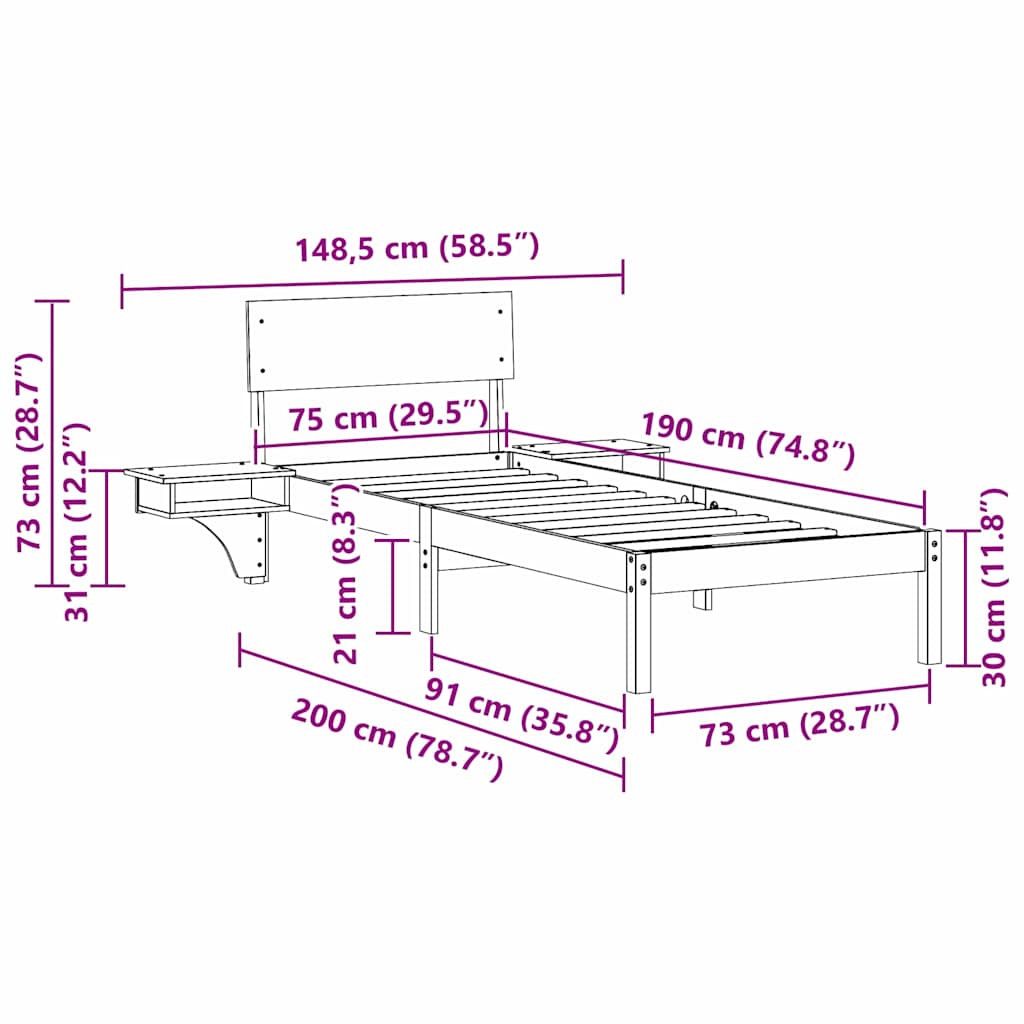 vidaXL Ramka łóżka Z zagłówkiem Biały 75 x 190 cm Lite drewno sosnowe