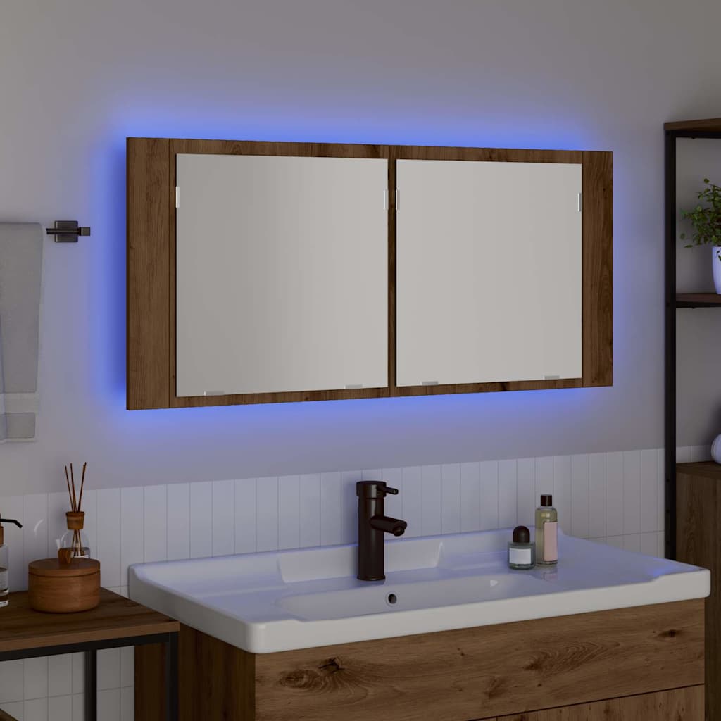 vidaXL Lustro LED w szafce z półką Dąb rzemieślniczy 100 x 12 x 45 cm