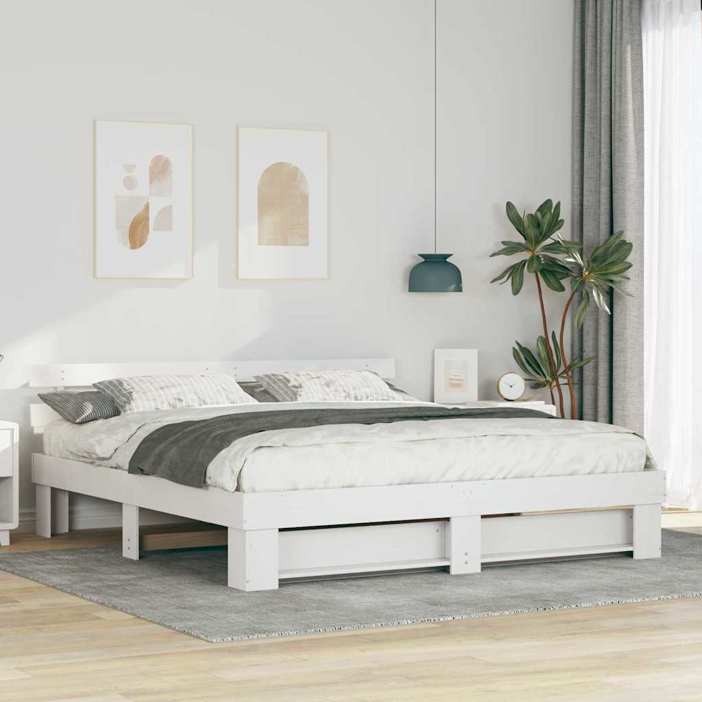 vidaXL Ramka łóżka Z zagłówkiem Biały 200 x 200 cm Lite drewno sosnowe