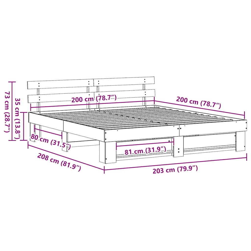 vidaXL Ramka łóżka Z zagłówkiem Biały 200 x 200 cm Lite drewno sosnowe