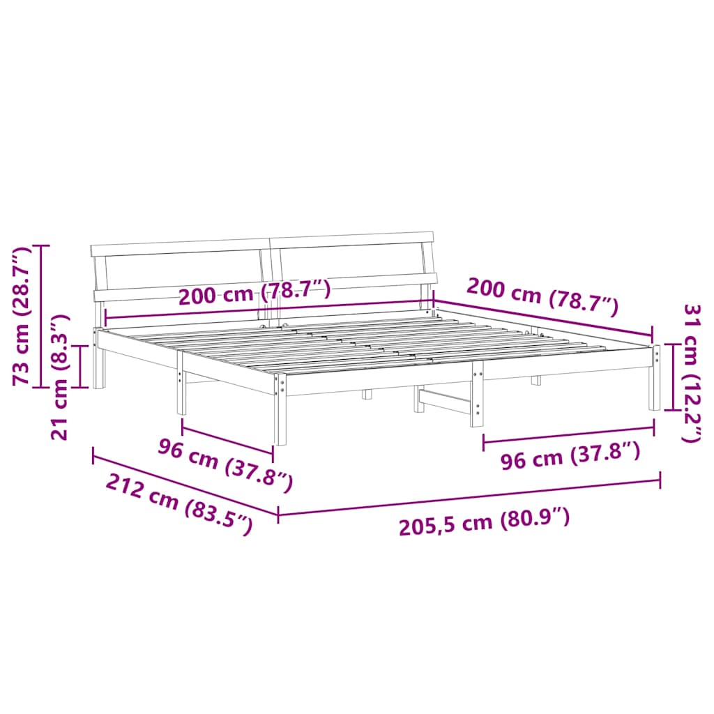 vidaXL Ramka łóżka Z zagłówkiem Biały 200 x 200 cm Lite drewno sosnowe