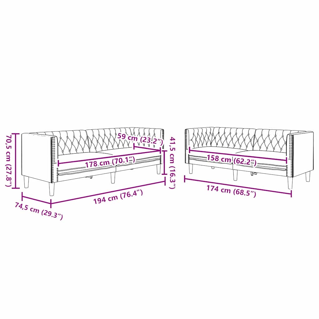 vidaXL Sofa do salonu 2 pcs Czarny 194 x 74,5 x 70,5 cm