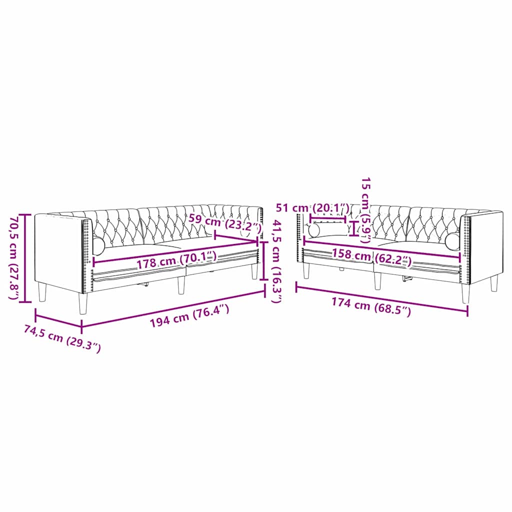 vidaXL Sofa do salonu 2 pcs Ciemnoszary 194 x 74,5 x 70,5 cm Aksamit