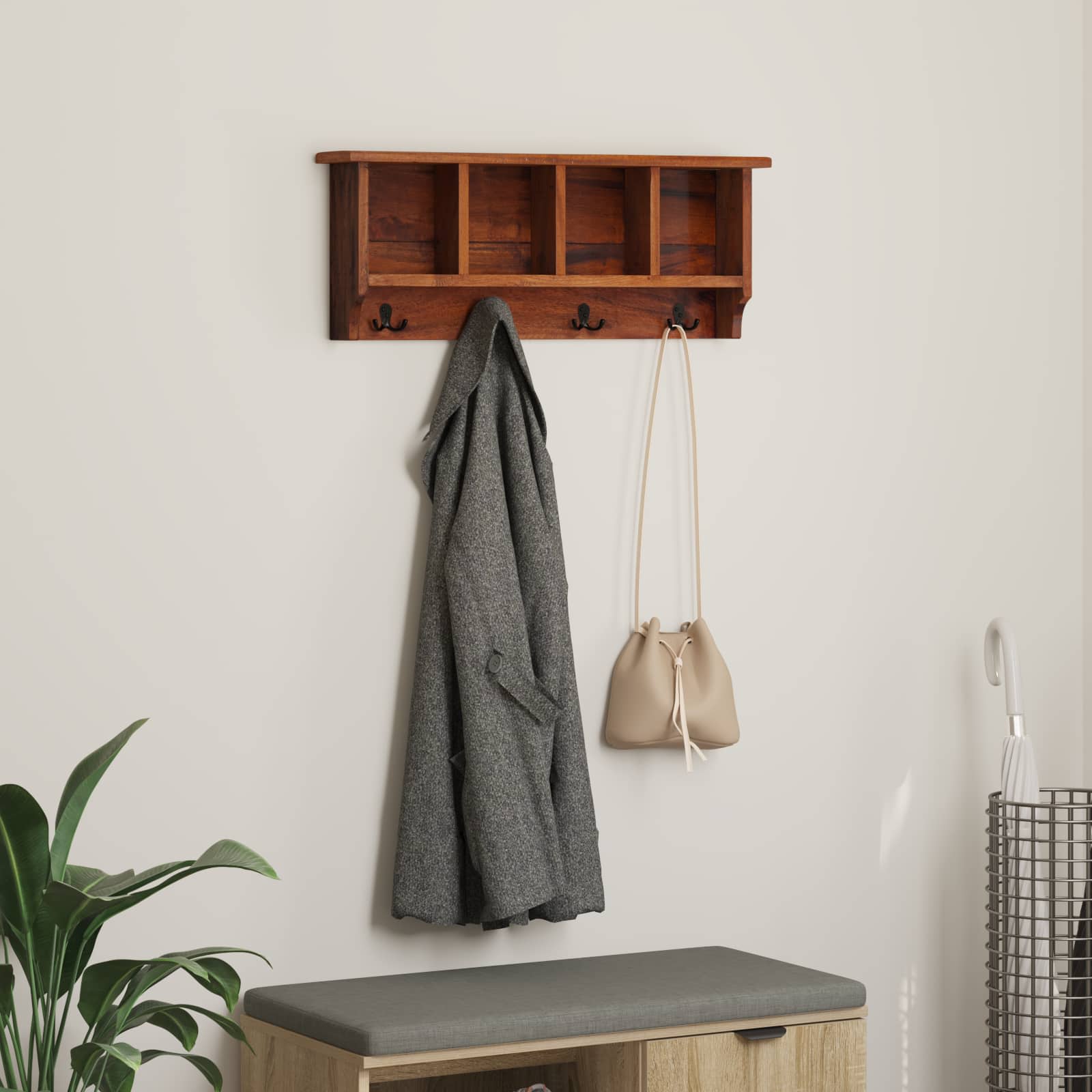 vidaXL Wieszak Brązowy 70 x 11 x 27 cm Lite drewno mahoniowe