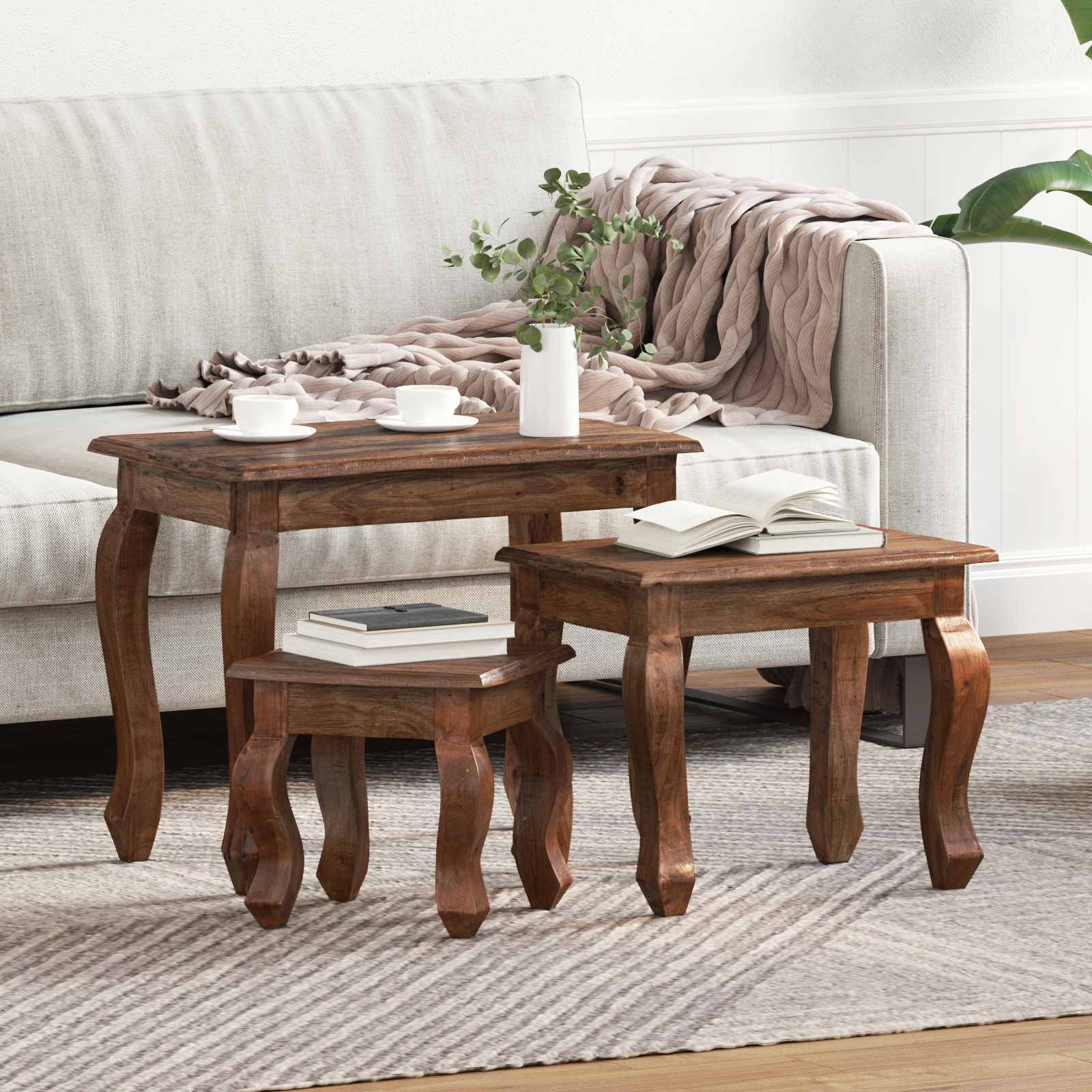 vidaXL Stolik Nesting 3 pcs Brązowy Lite drewno mahoniowe
