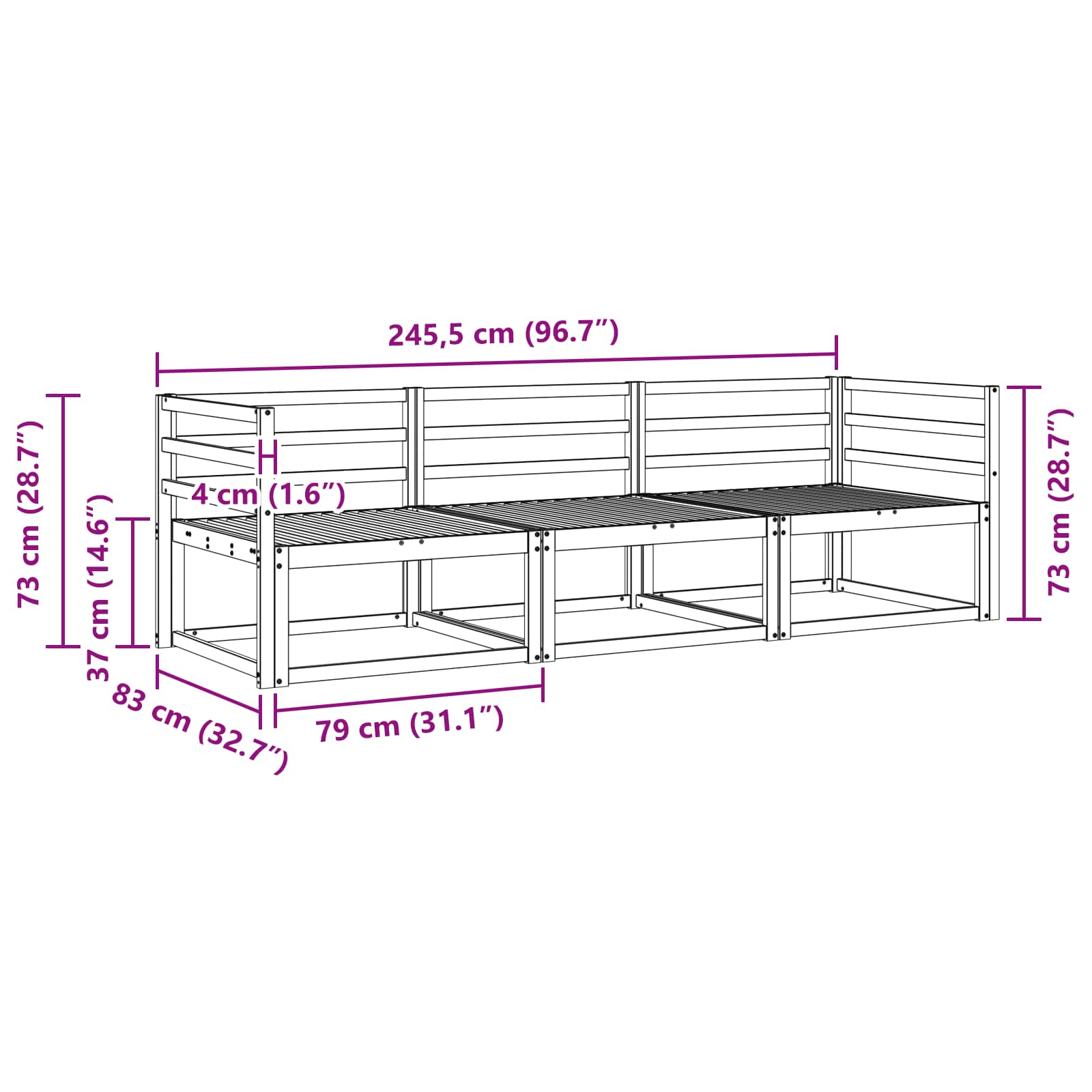 vidaXL Zestaw sof na zewnątrz 3 pcs Biały 245,5 x 83 x 73 cm
