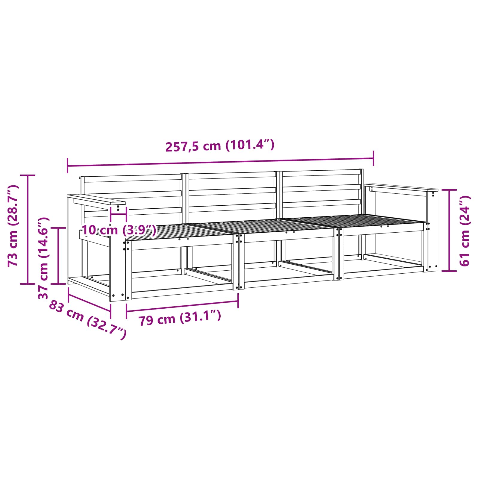 vidaXL Zestaw sof na zewnątrz 3 pcs Biały 257,5 x 83 x 73 cm