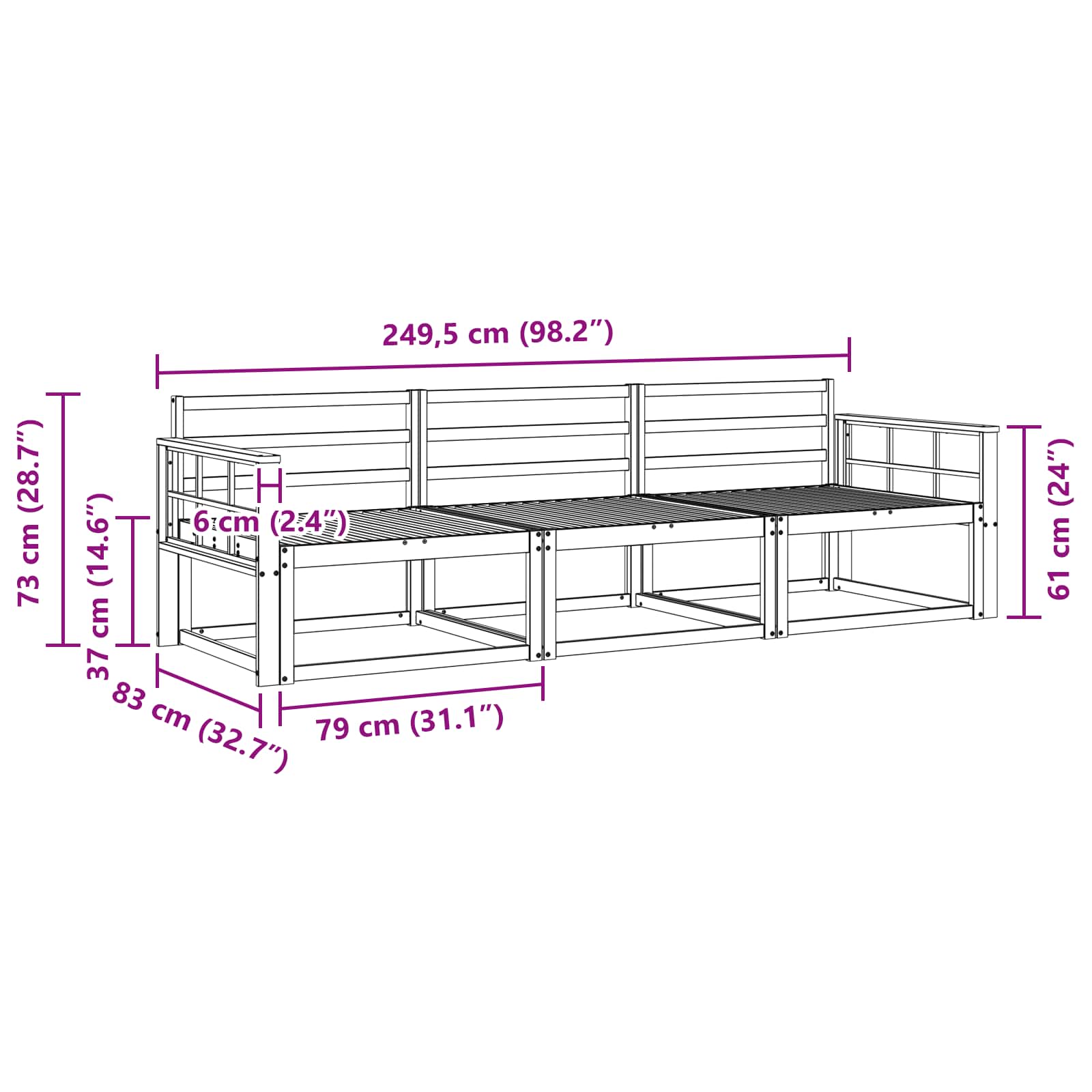 vidaXL Zestaw sof na zewnątrz 3 pcs Biały 249,5 x 83 x 73 cm
