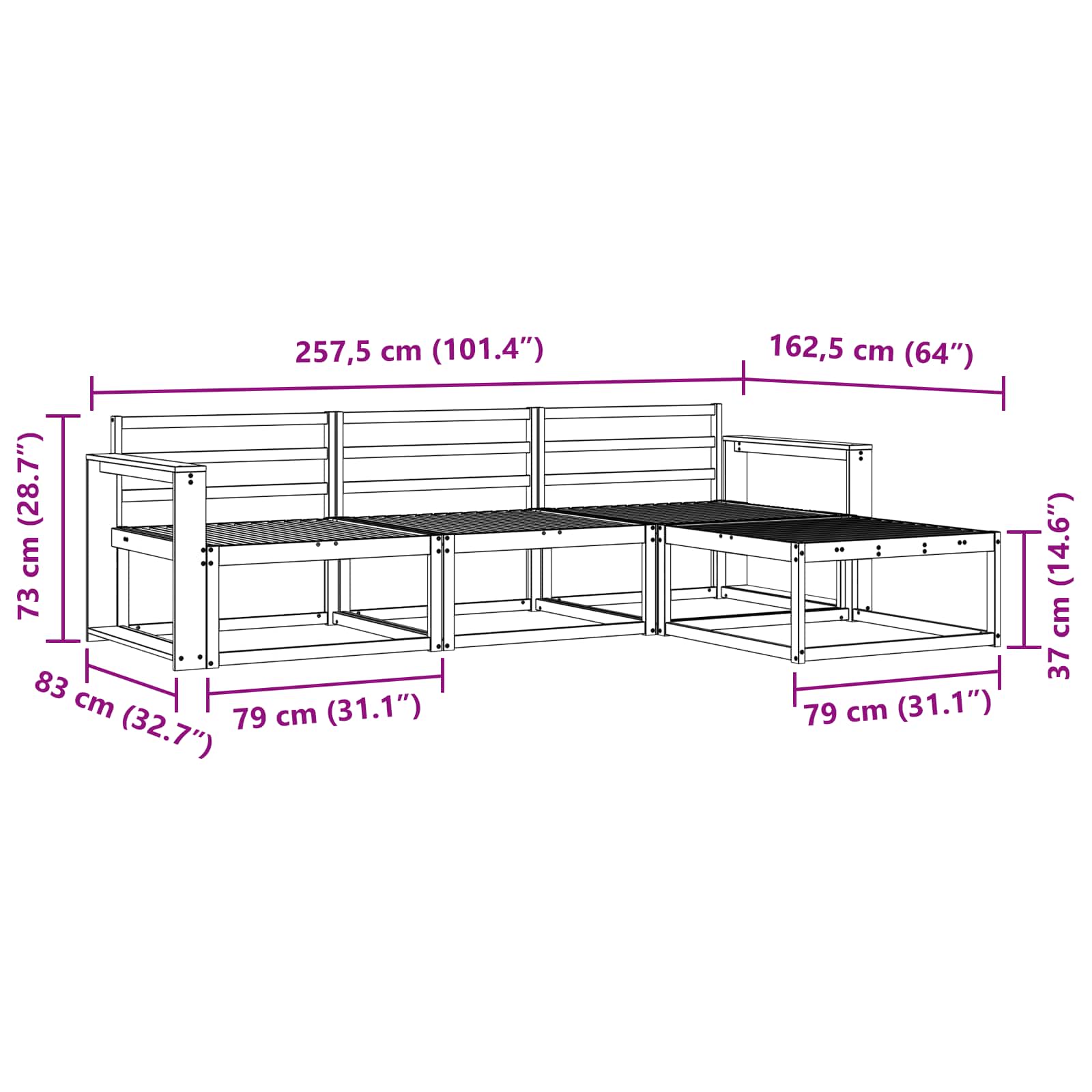 vidaXL Zestaw sof na zewnątrz 4 pcs Biały 257,5 x 162,5 x 73 cm