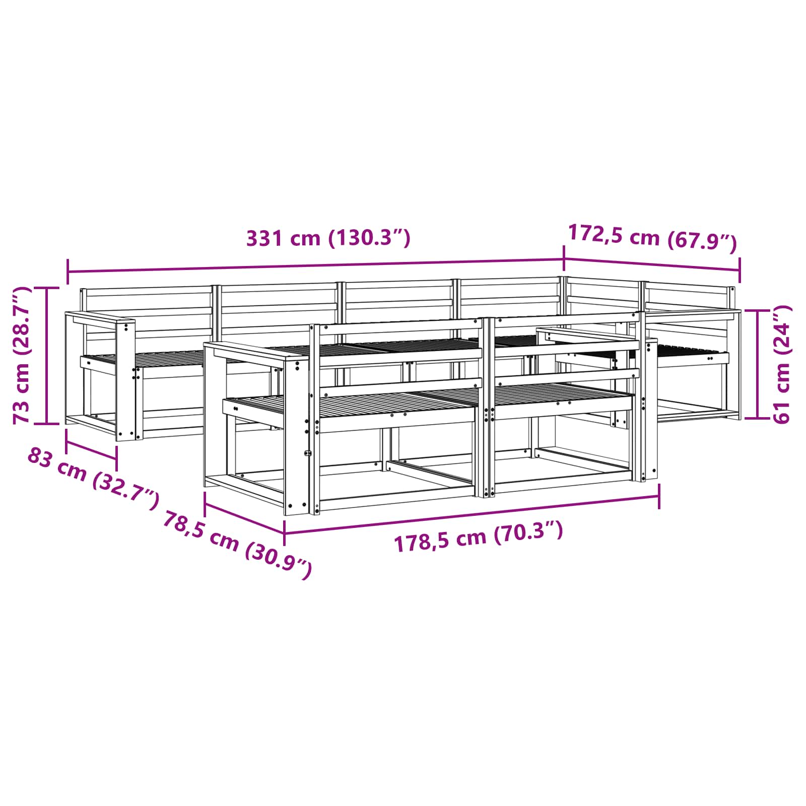 vidaXL Zestaw sof na zewnątrz 8 pcs Biały 331 x 172,5 x 73 cm