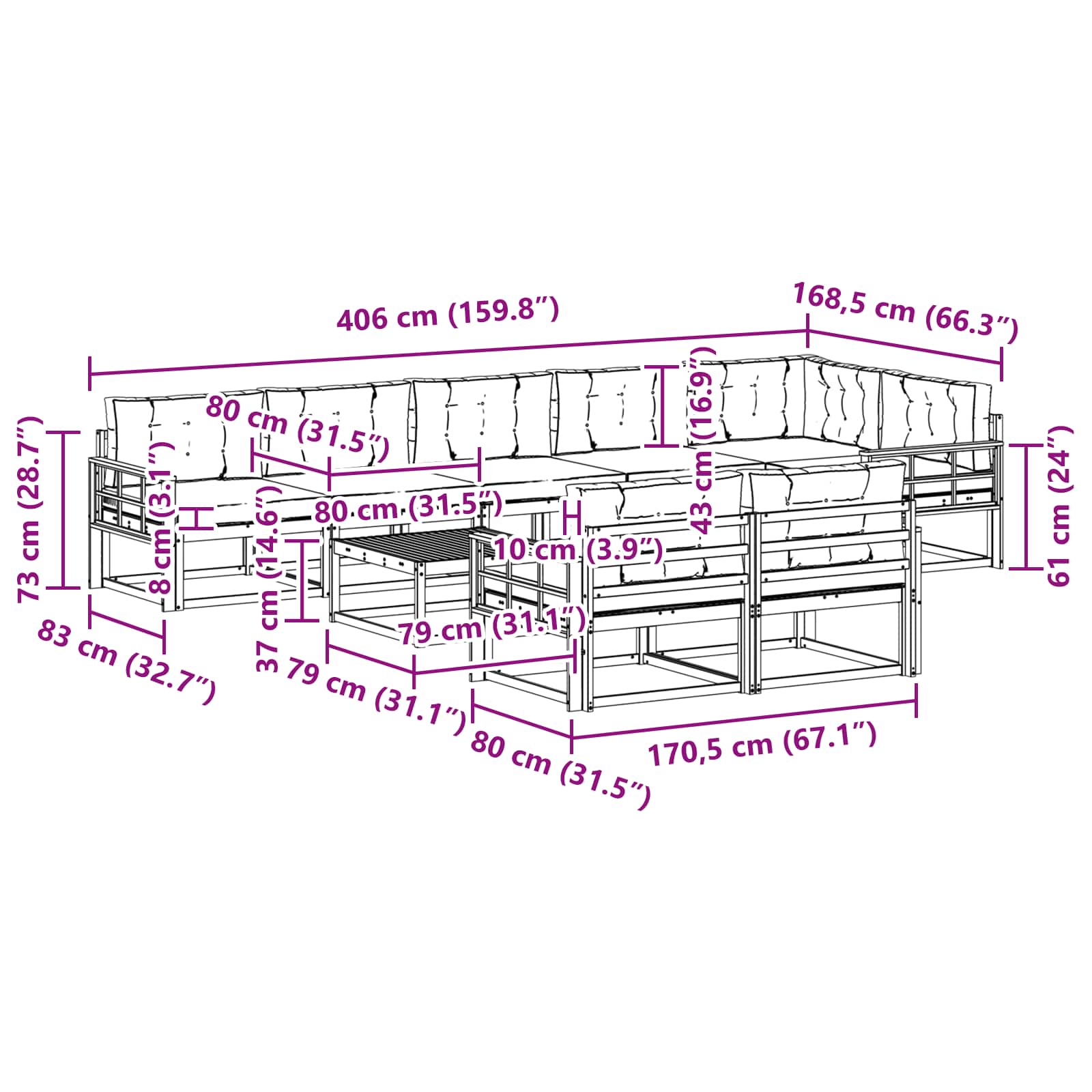 vidaXL Zestaw sof na zewnątrz 9 pcs Biały i Beżowy 79 x 79 x 37 cm