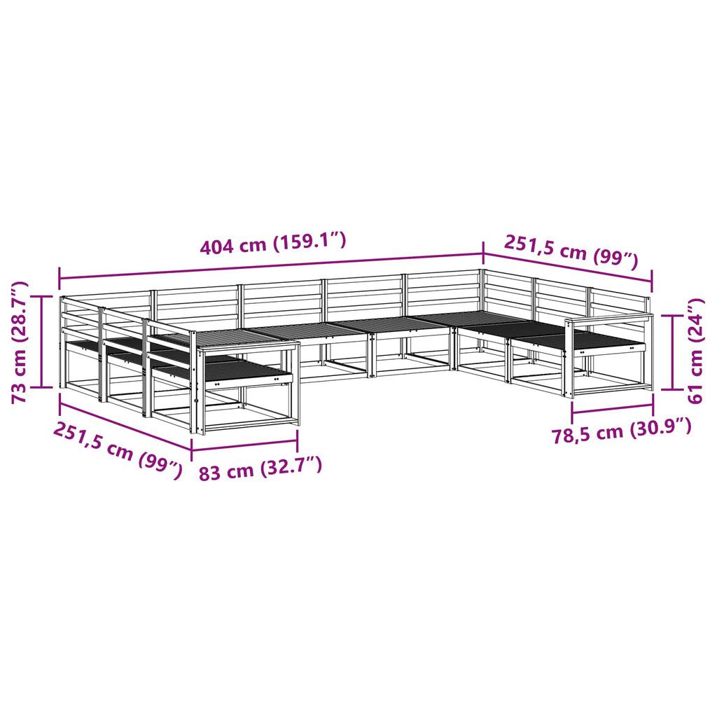 vidaXL Zestaw sof na zewnątrz 9 pcs Biały 404 x 251,5 x 73 cm