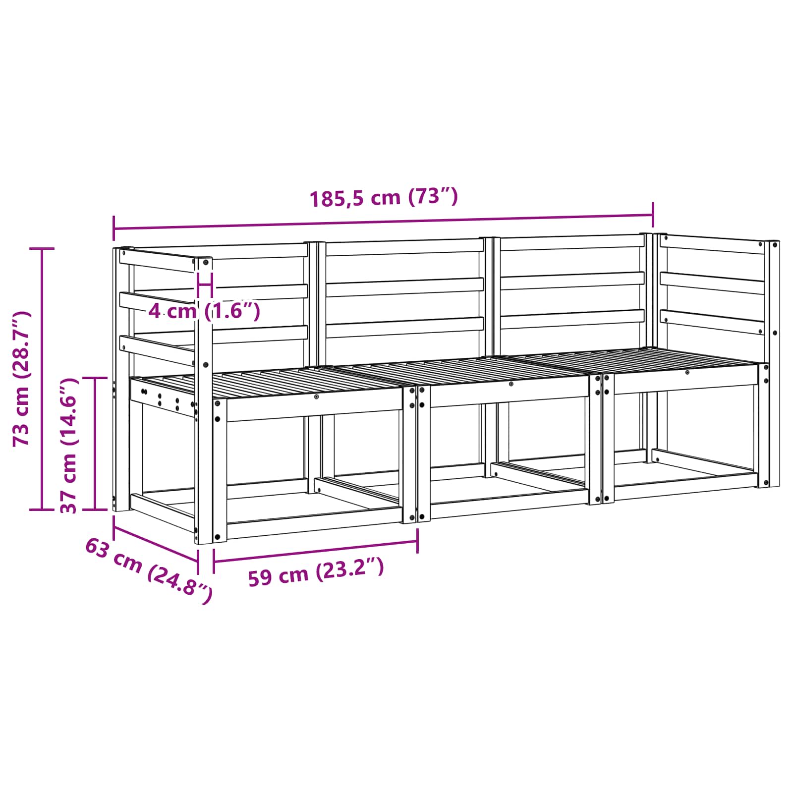 vidaXL Zestaw sof na zewnątrz 3 pcs Biały 185,5 x 63 x 73 cm
