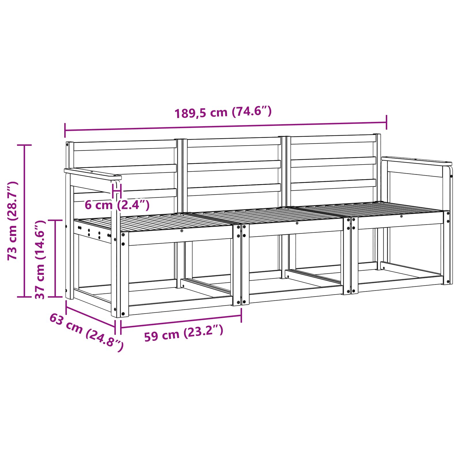 vidaXL Zestaw sof na zewnątrz 3 pcs Biały 189,5 x 63 x 73 cm