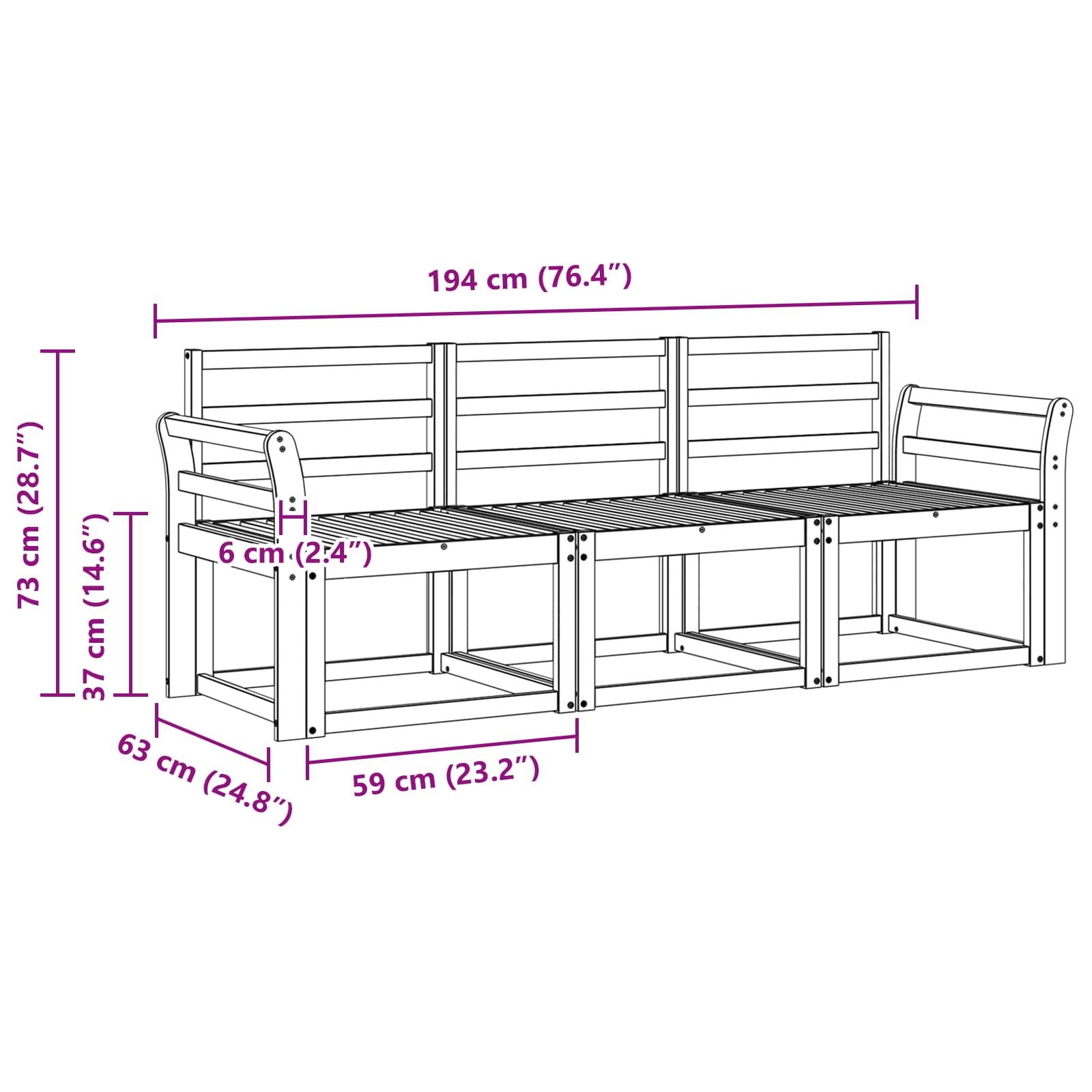 vidaXL Zestaw sof na zewnątrz 3 pcs Biały 194 x 63 x 73 cm
