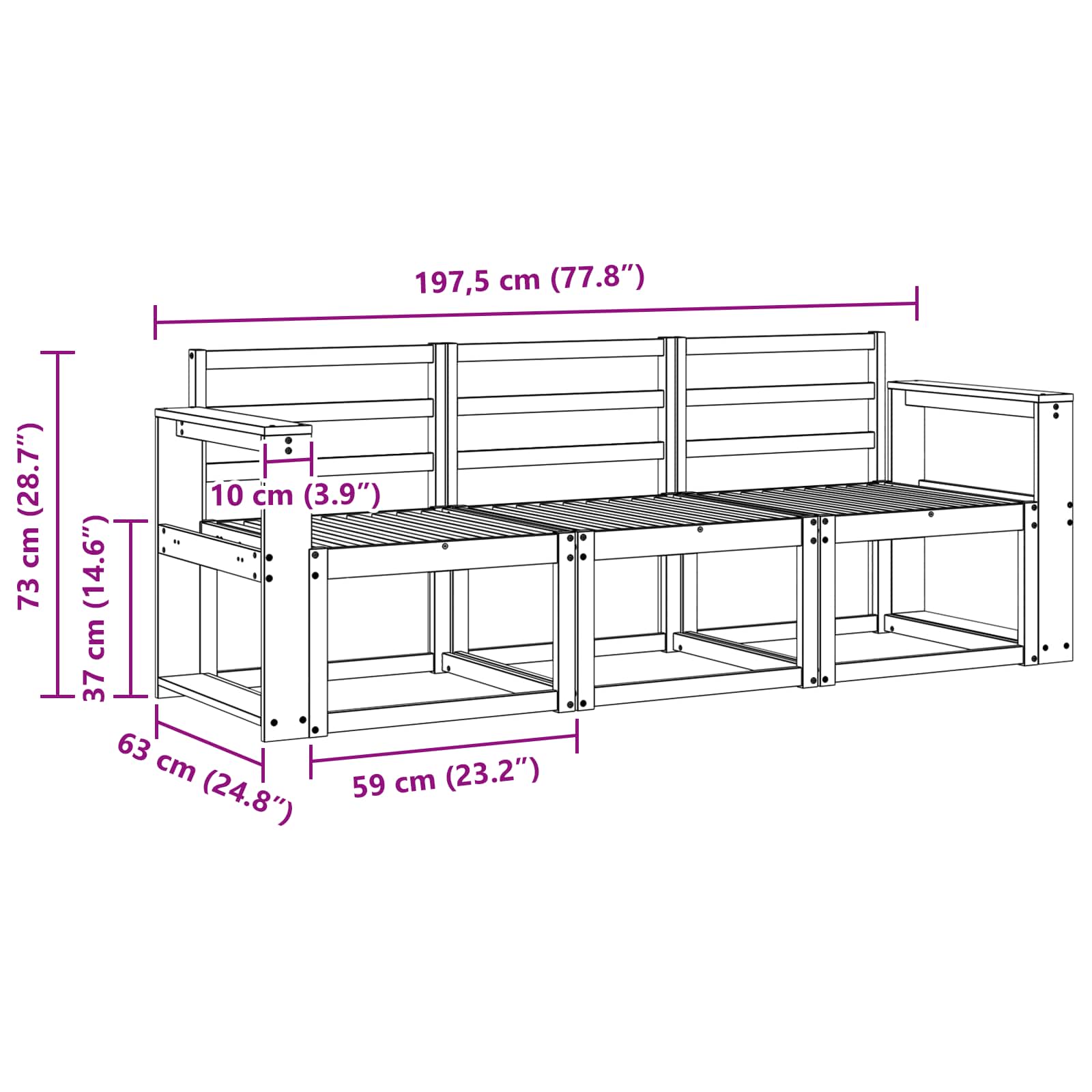vidaXL Zestaw sof na zewnątrz 3 pcs Biały 197,5 x 63 x 73 cm