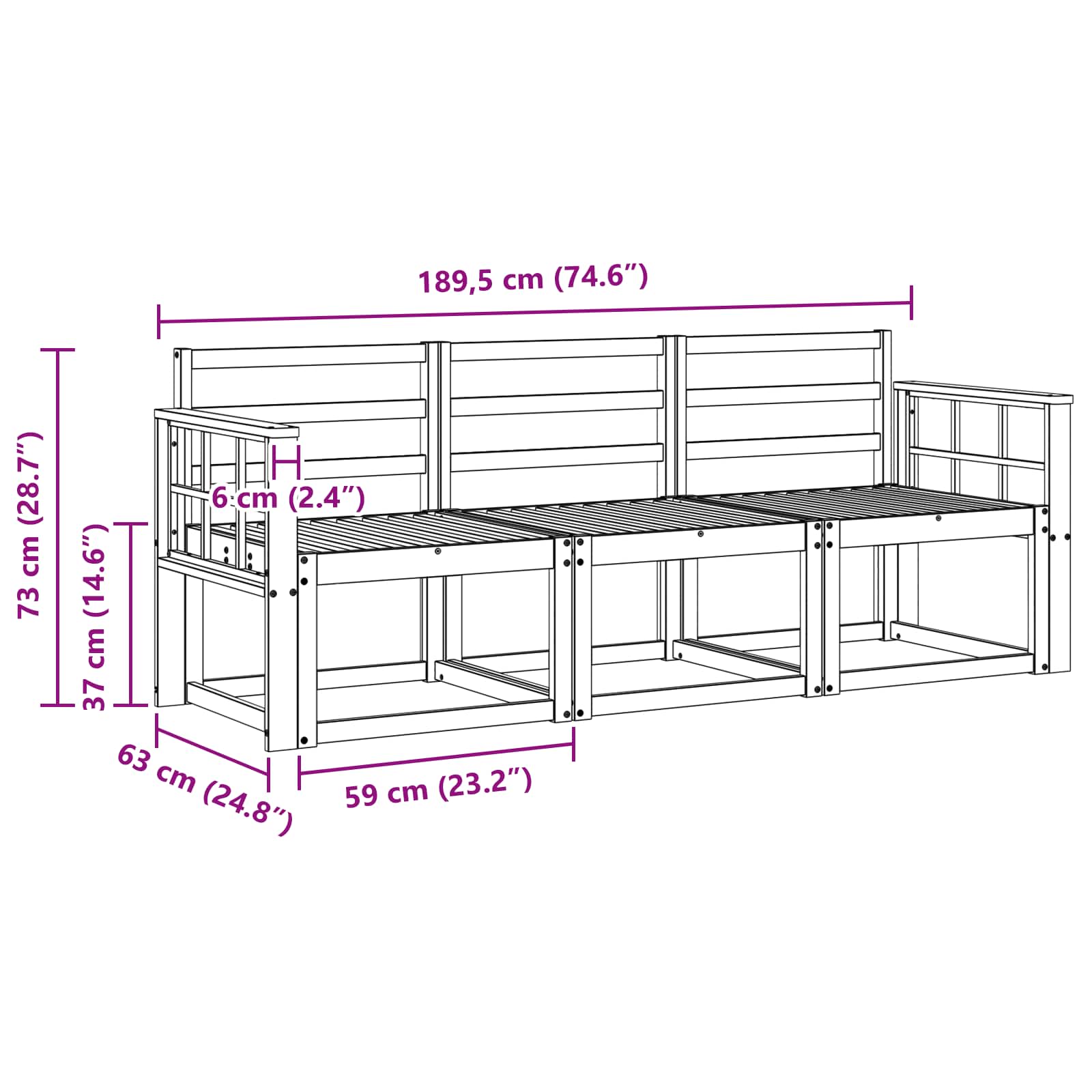 vidaXL Zestaw sof na zewnątrz 3 pcs Biały 189,5 x 63 x 73 cm