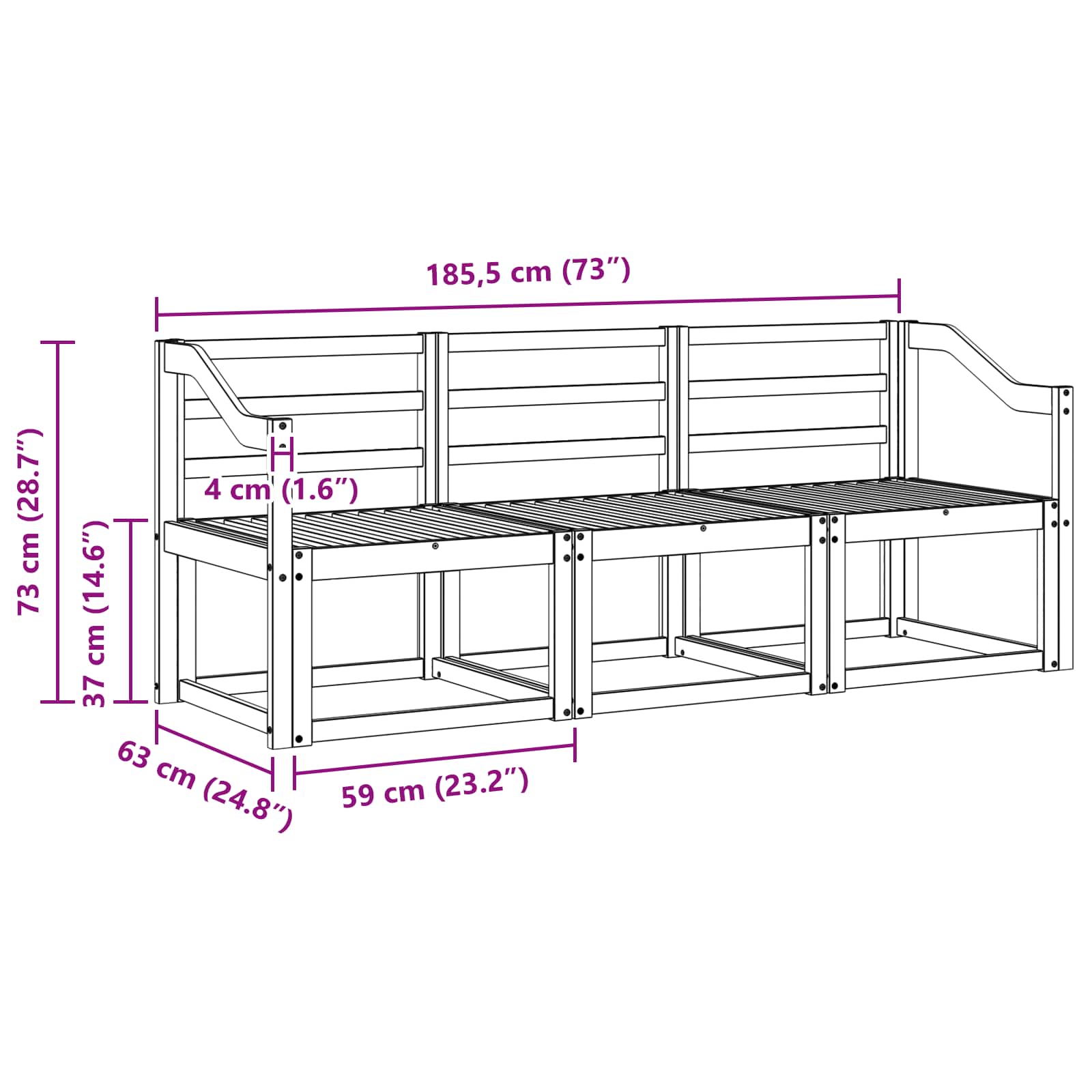 vidaXL Zestaw sof na zewnątrz 3 pcs Biały 185,5 x 63 x 73 cm