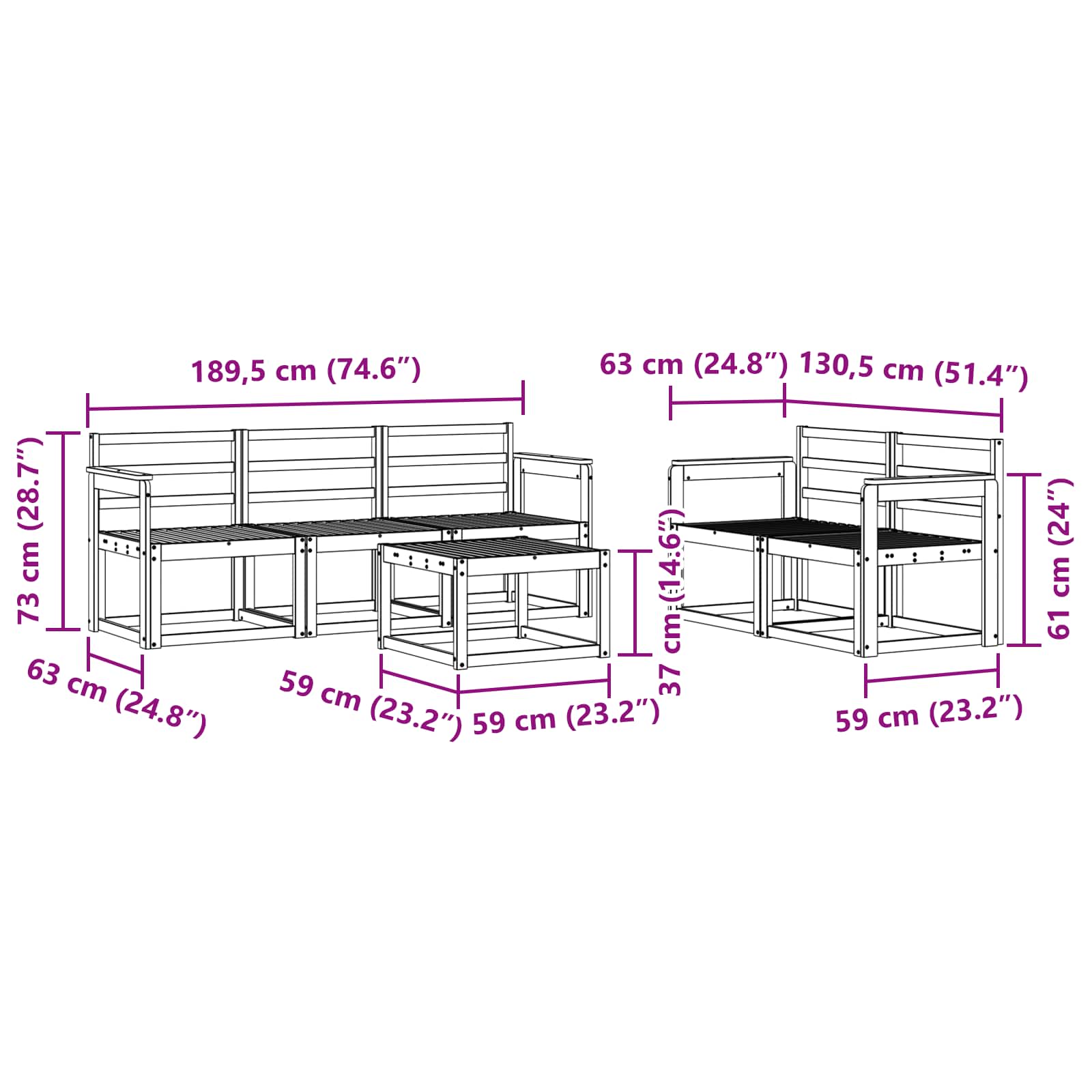 vidaXL Zestaw sof na zewnątrz 6 pcs Biały 59 x 59 x 37 cm