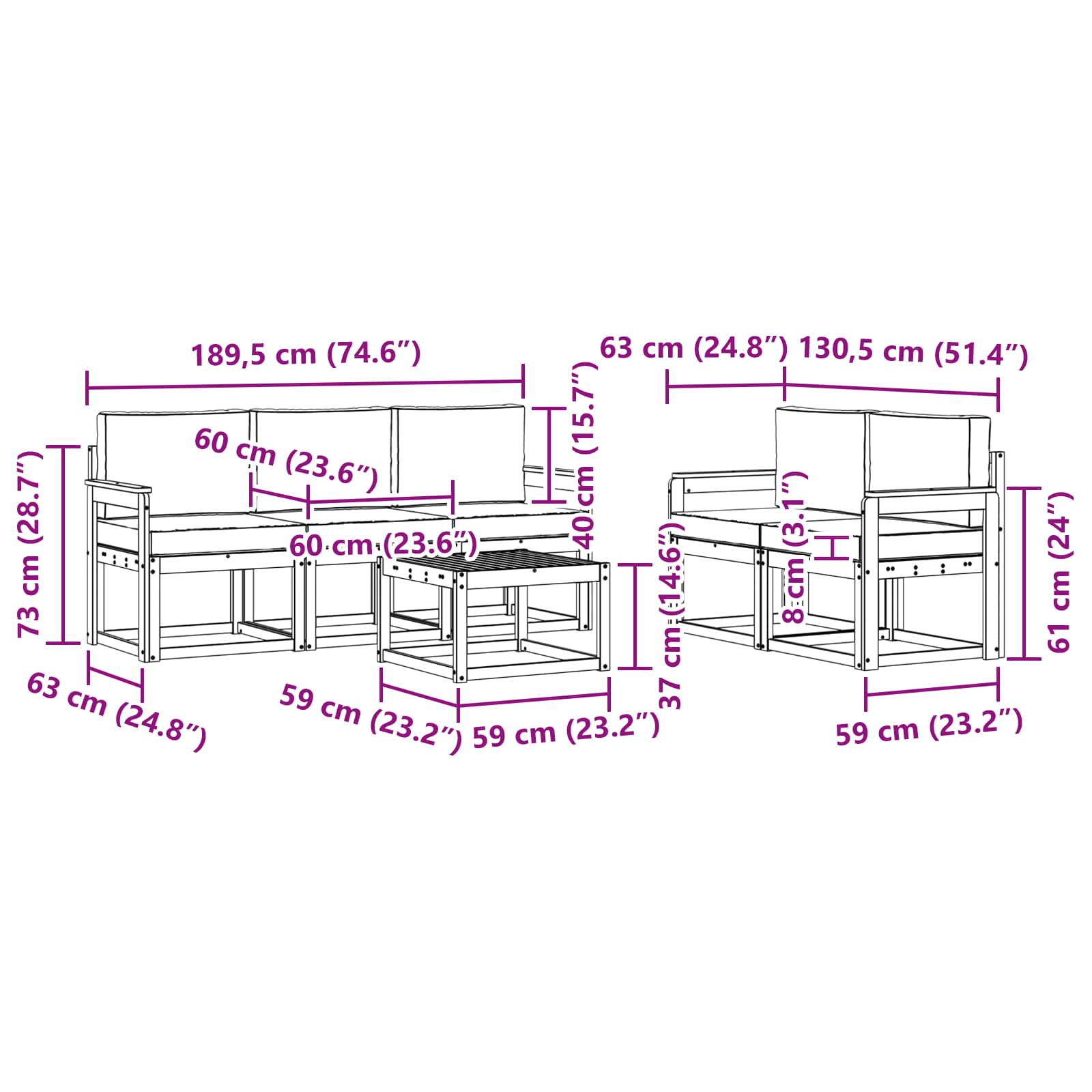 vidaXL Zestaw sof na zewnątrz 6 pcs Biały i jasnoszary 59 x 59 x 37 cm