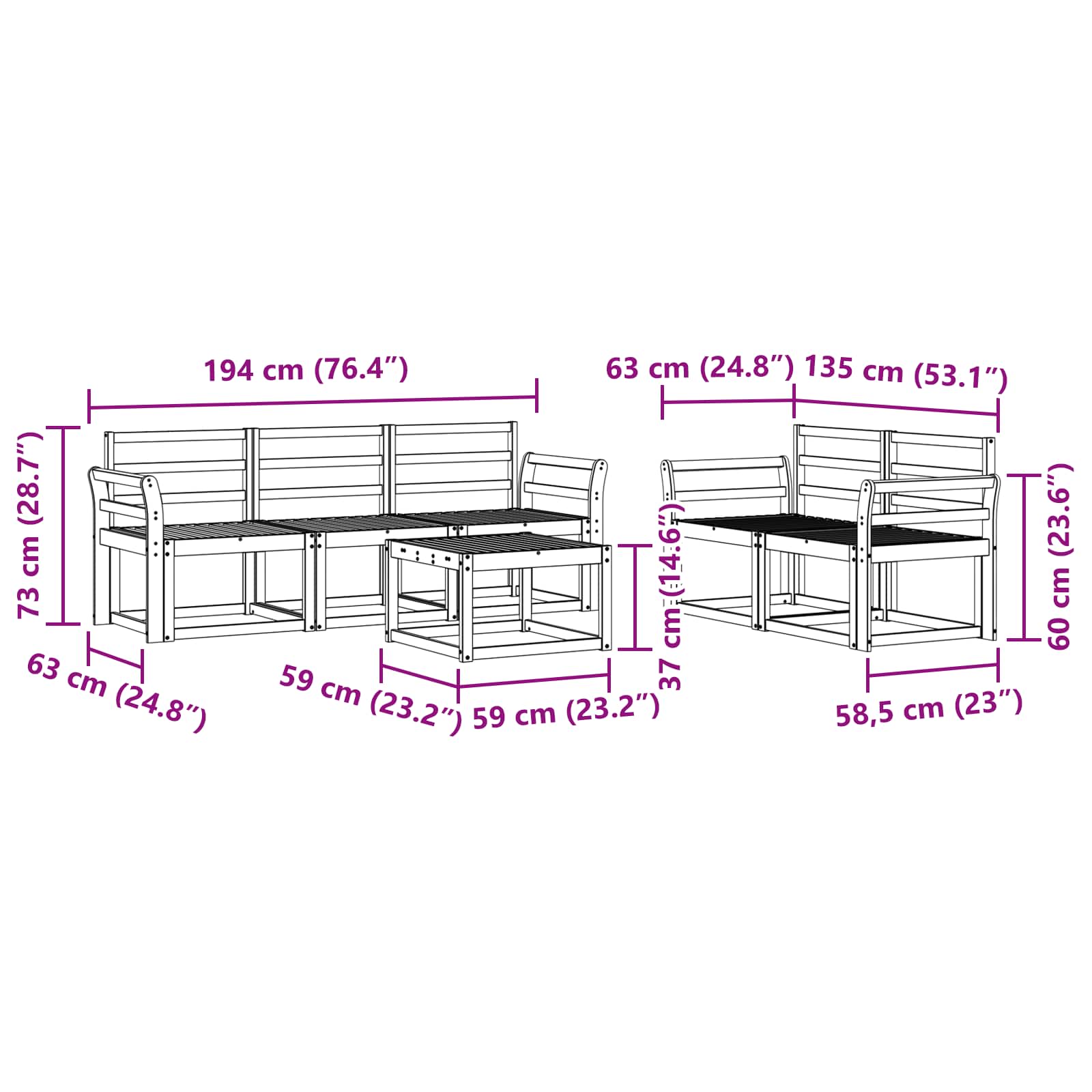 vidaXL Zestaw sof na zewnątrz 6 pcs Biały 59 x 59 x 37 cm