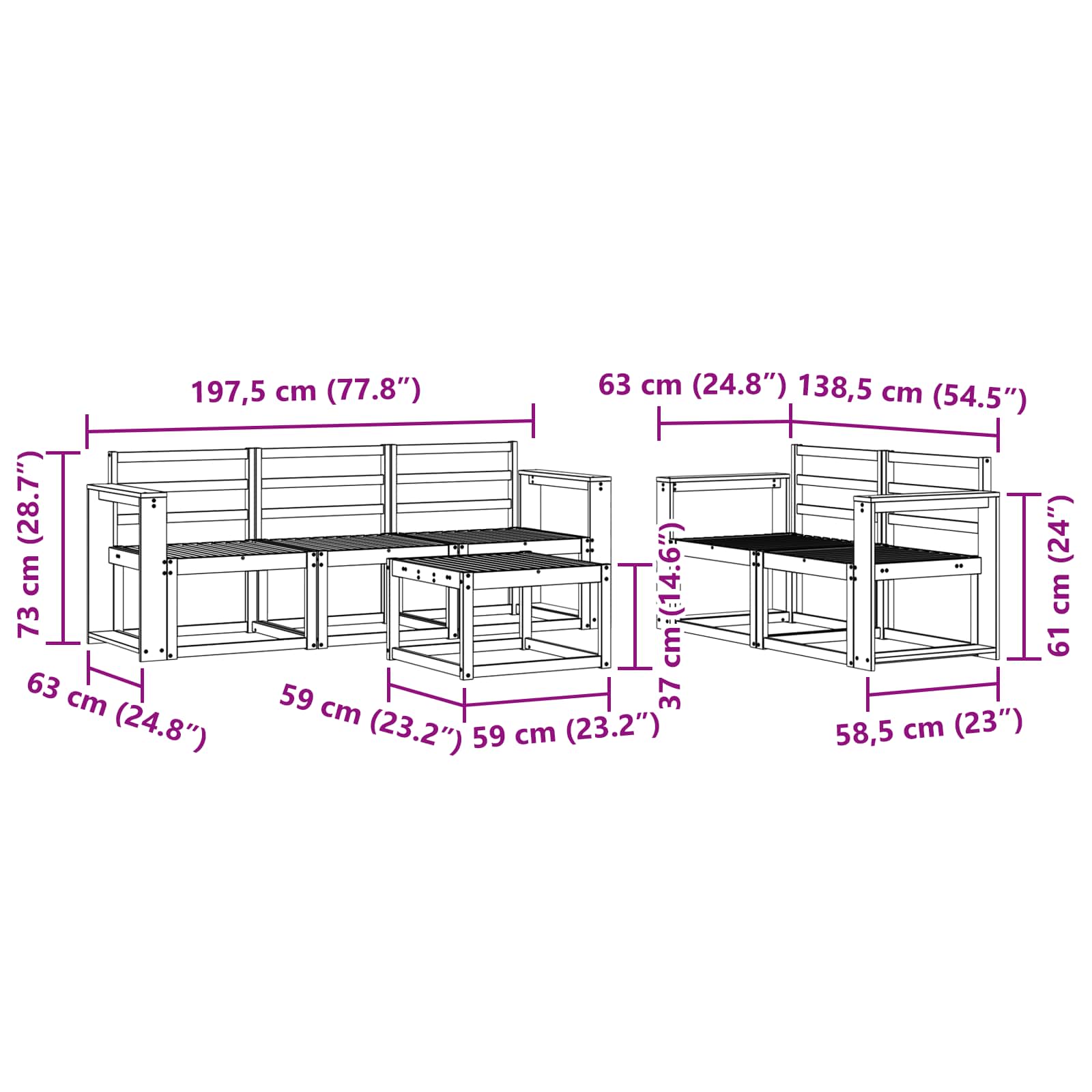 vidaXL Zestaw sof na zewnątrz 6 pcs Biały 59 x 59 x 37 cm