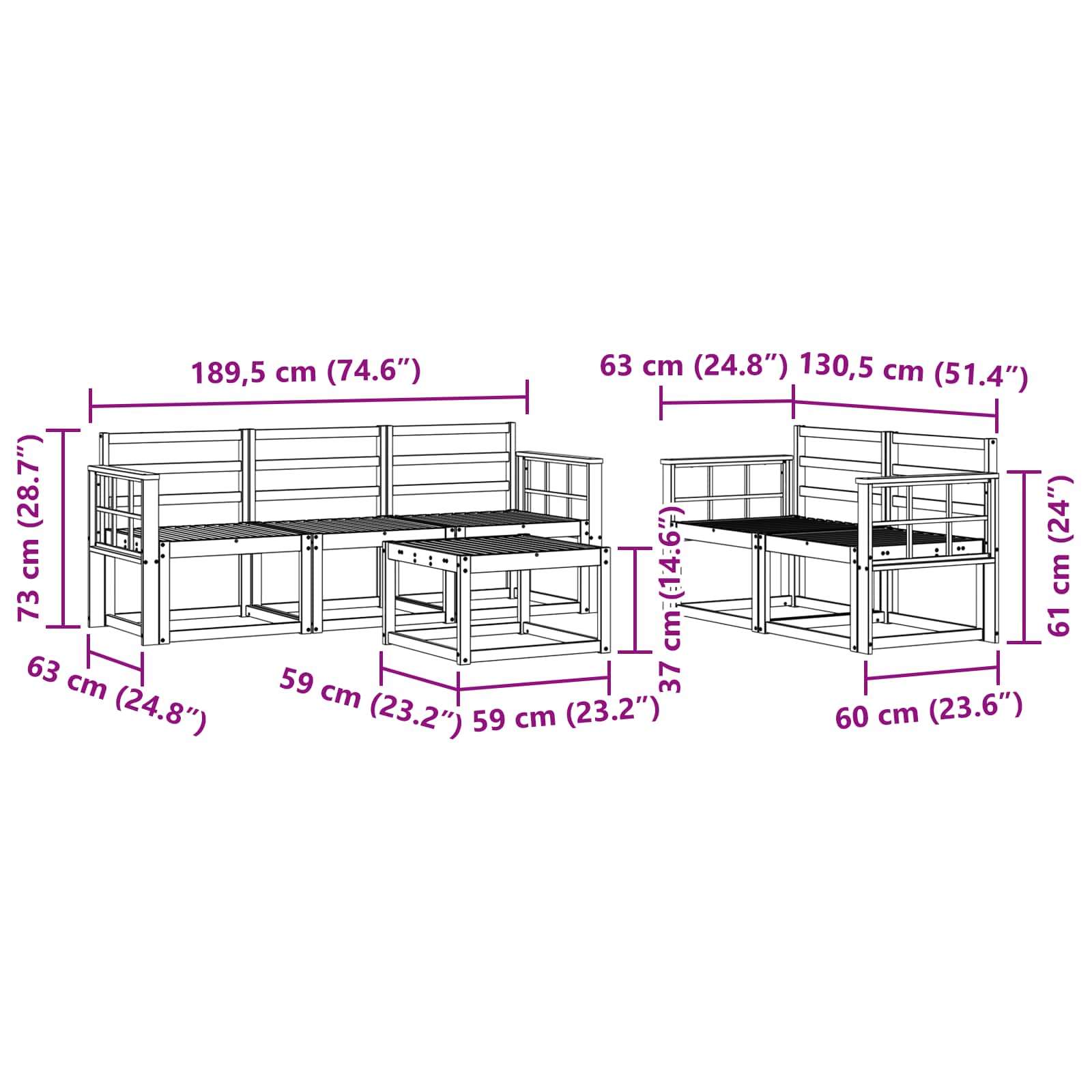 vidaXL Zestaw sof na zewnątrz 6 pcs Biały 59 x 59 x 37 cm
