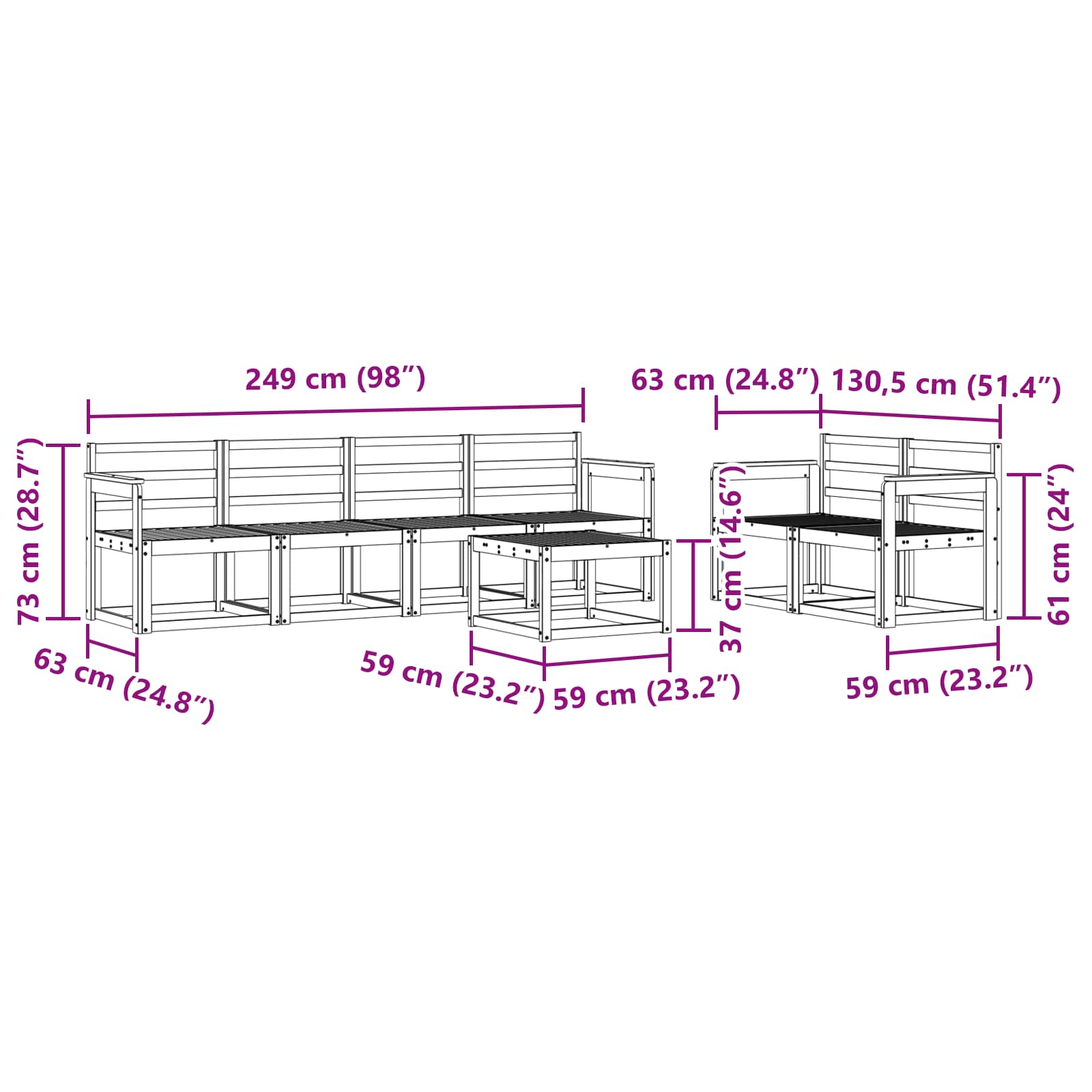 vidaXL Zestaw sof na zewnątrz 7 pcs Biały 59 x 59 x 37 cm