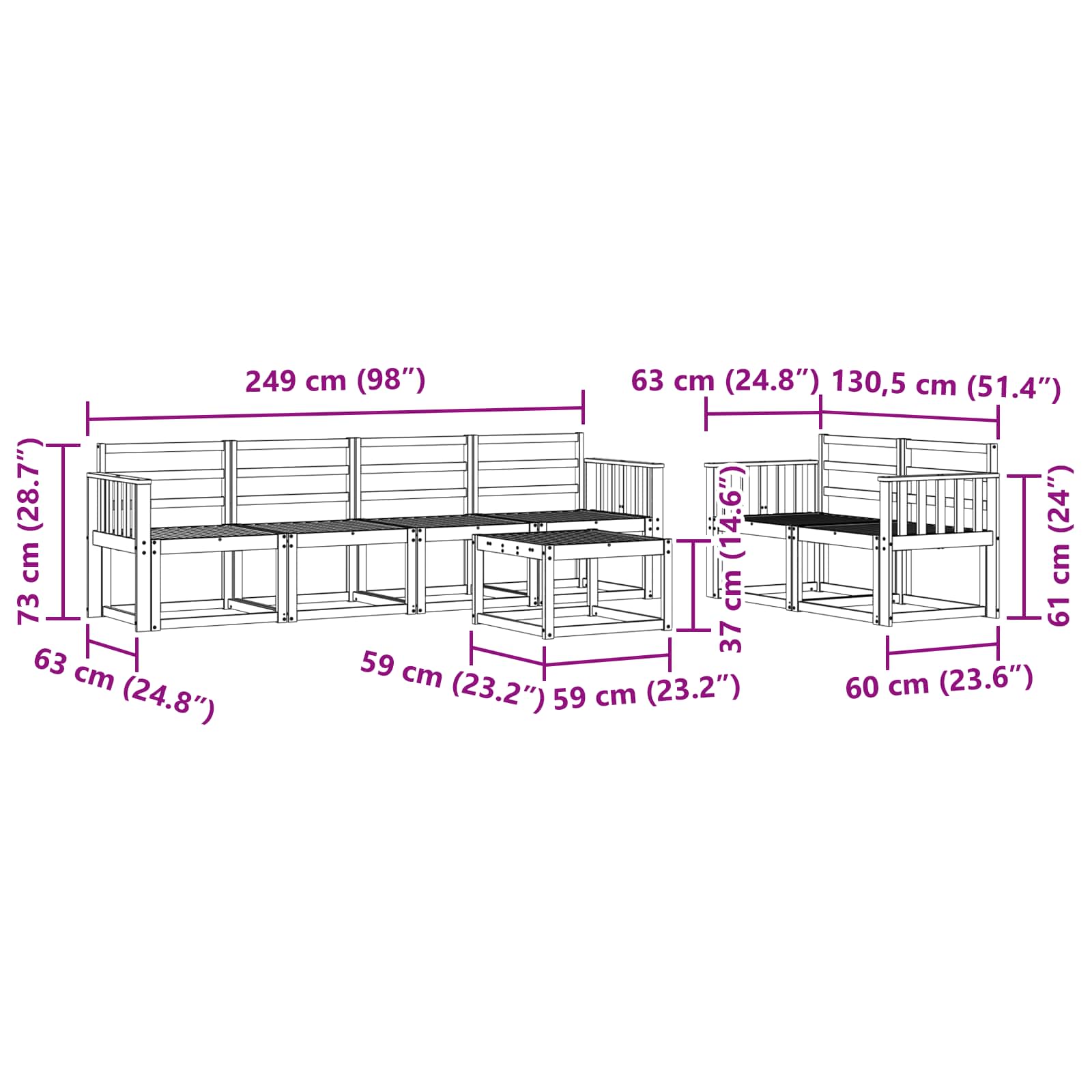vidaXL Zestaw sof na zewnątrz 7 pcs Biały 59 x 59 x 37 cm