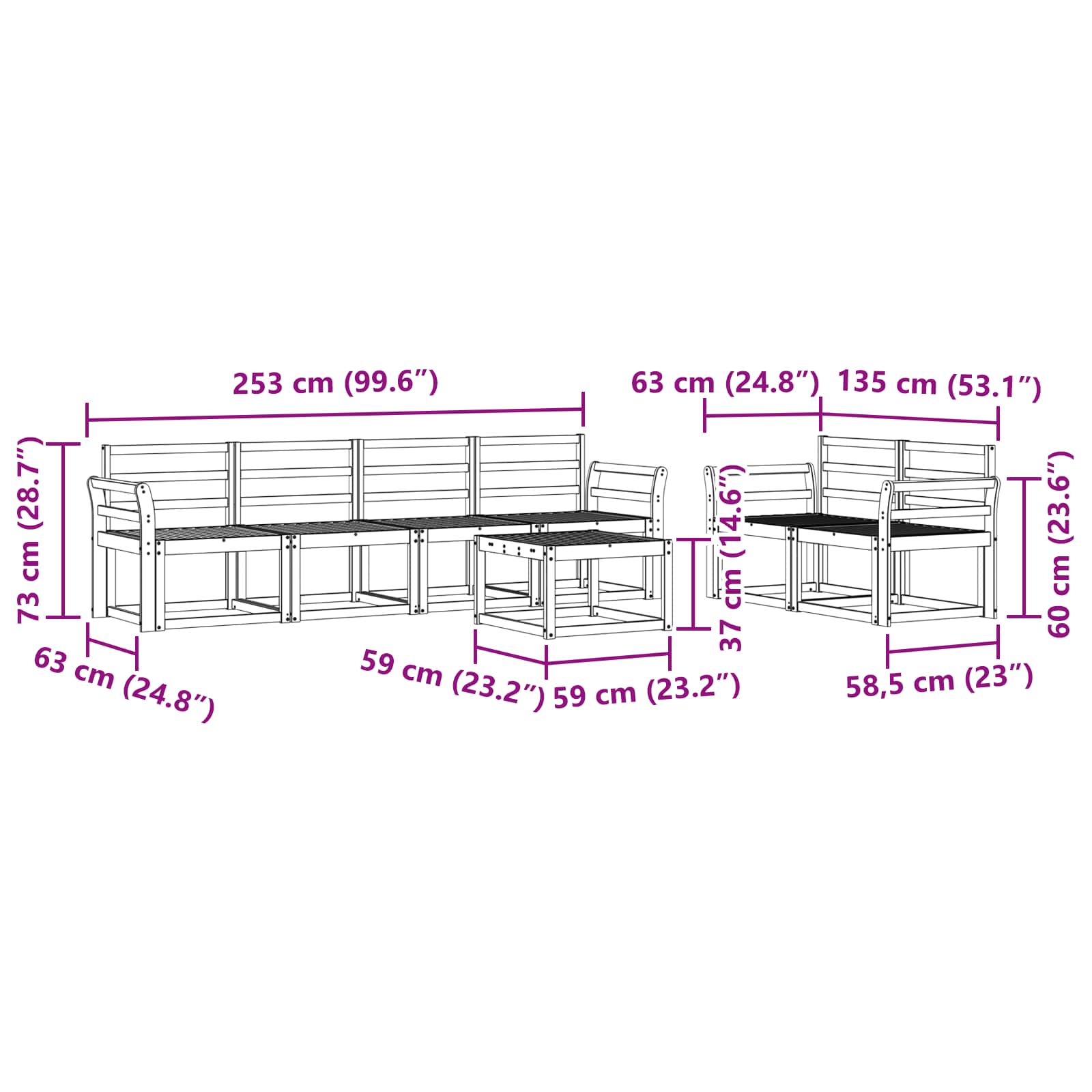 vidaXL Zestaw sof na zewnątrz 7 pcs Biały 59 x 59 x 37 cm