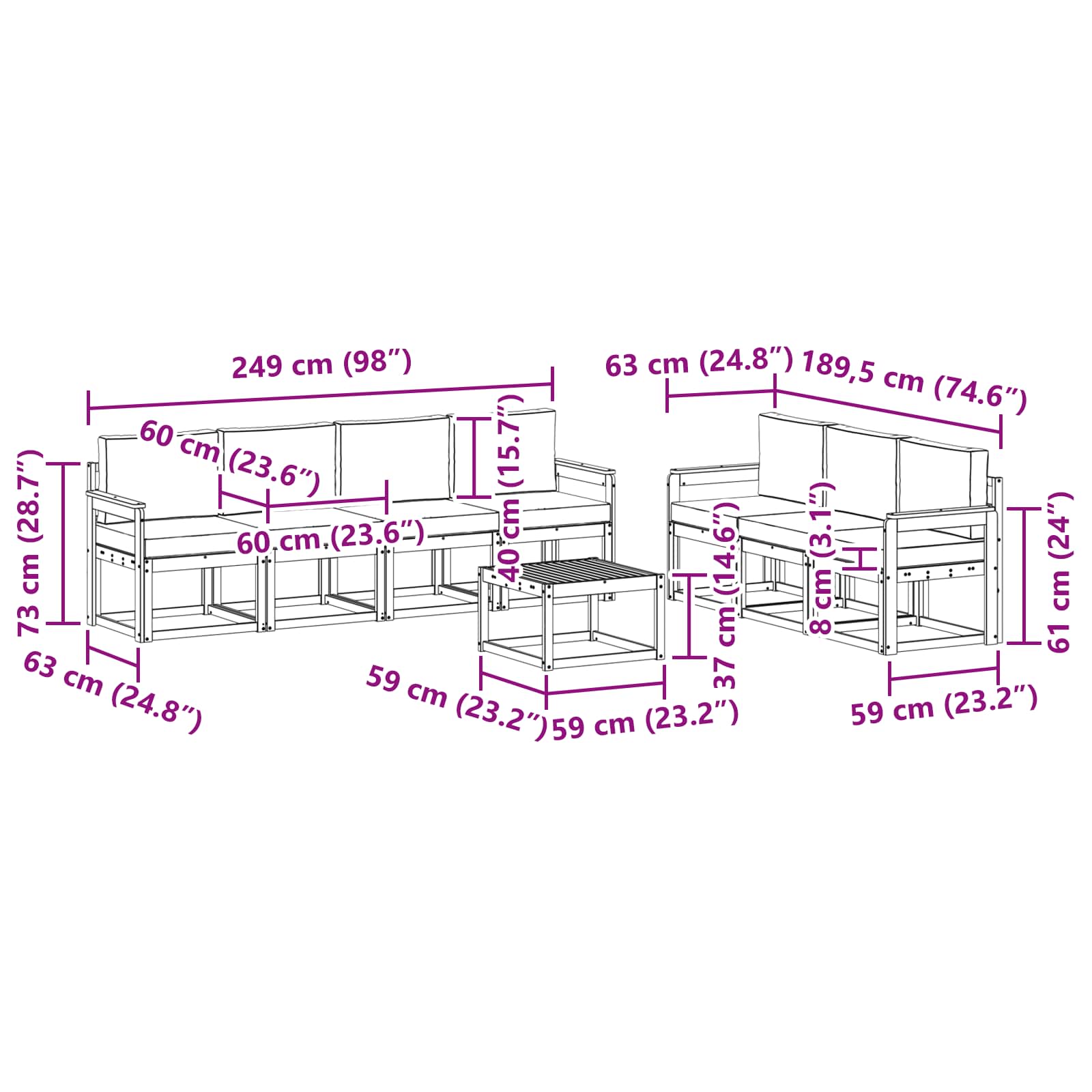 vidaXL Zestaw sof na zewnątrz 8 pcs Biały i jasnoszary 59 x 59 x 37 cm