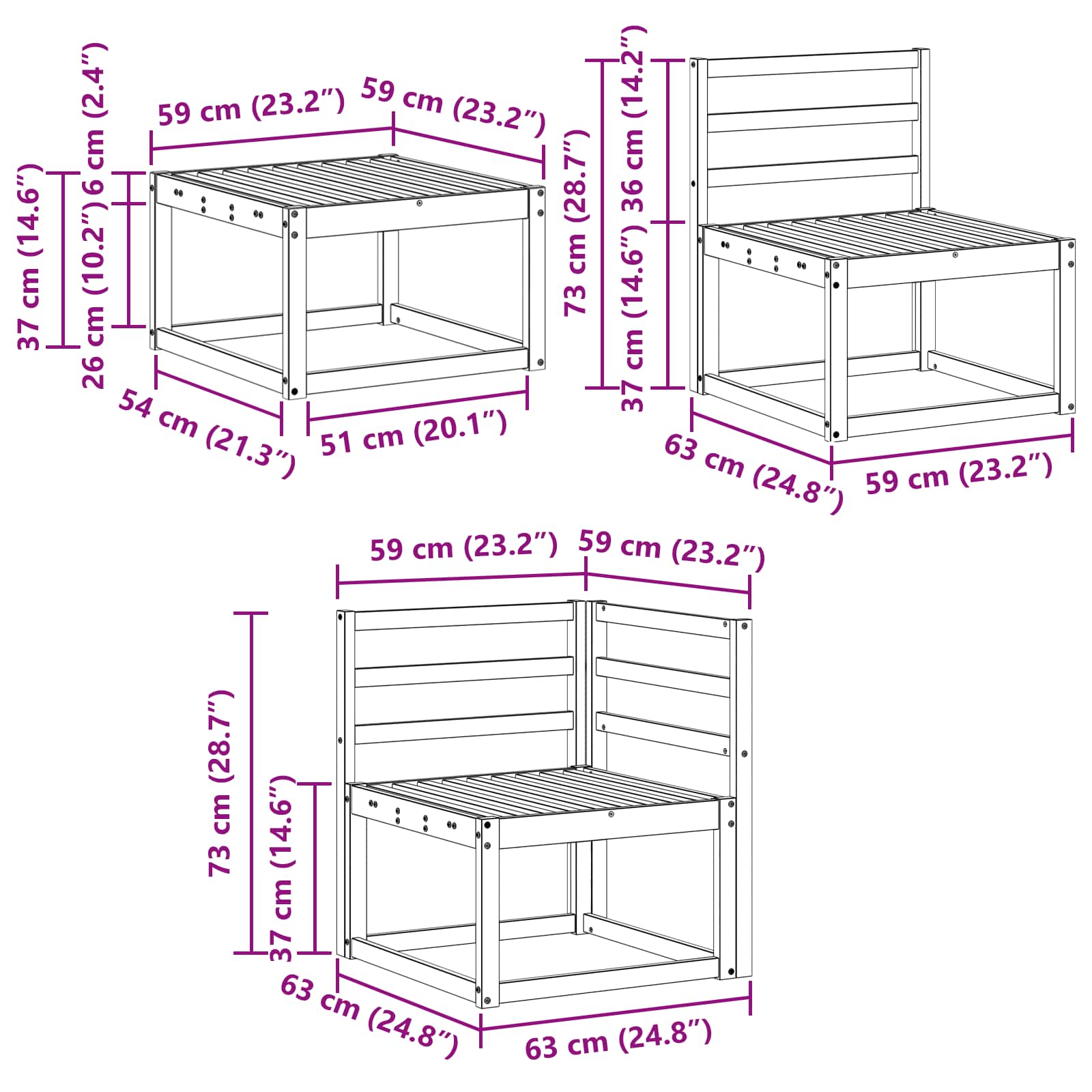 vidaXL Zestaw sof na zewnątrz 8 pcs Biały 59 x 59 x 37 cm