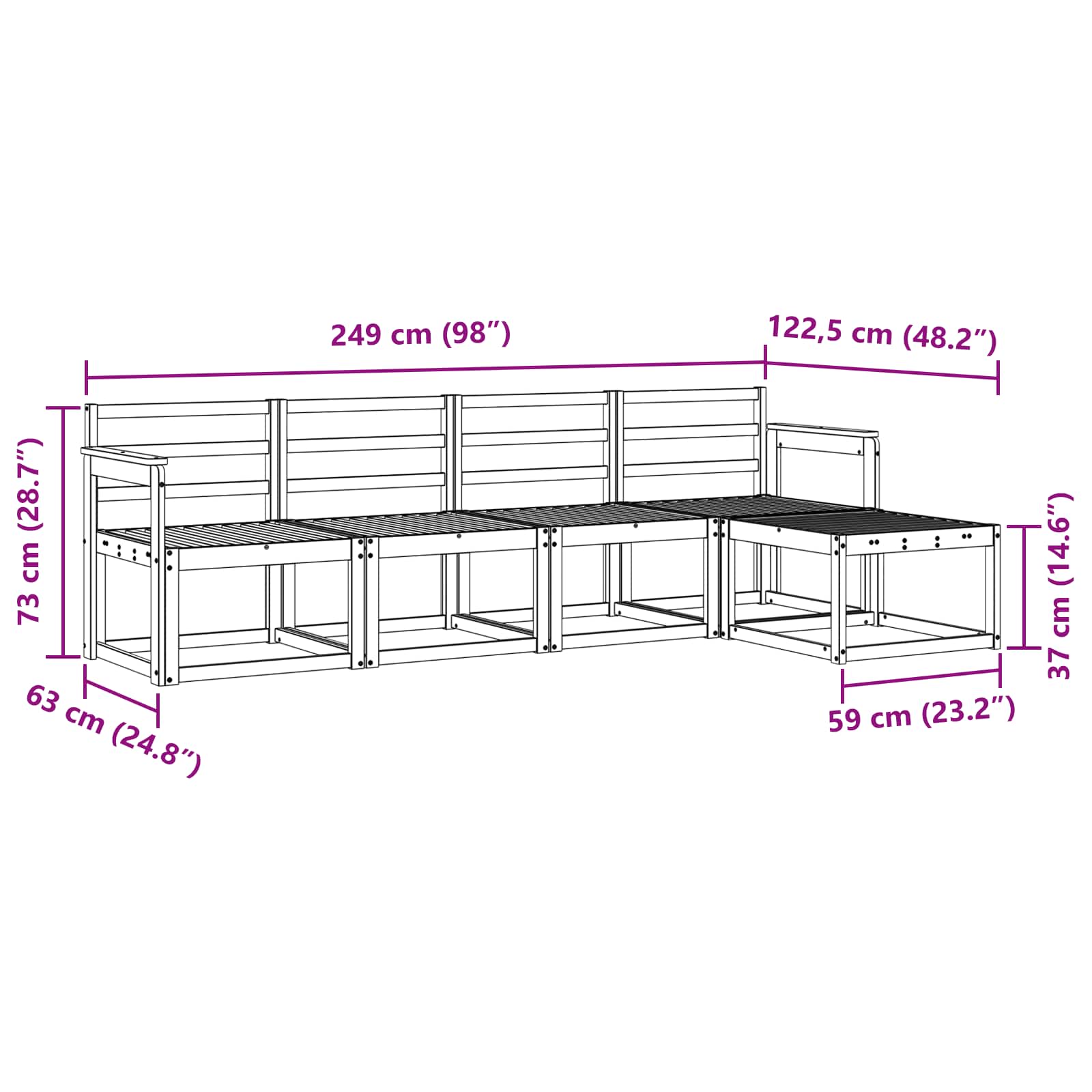 vidaXL Zestaw sof na zewnątrz 5 pcs Biały 249 x 122,5 x 73 cm