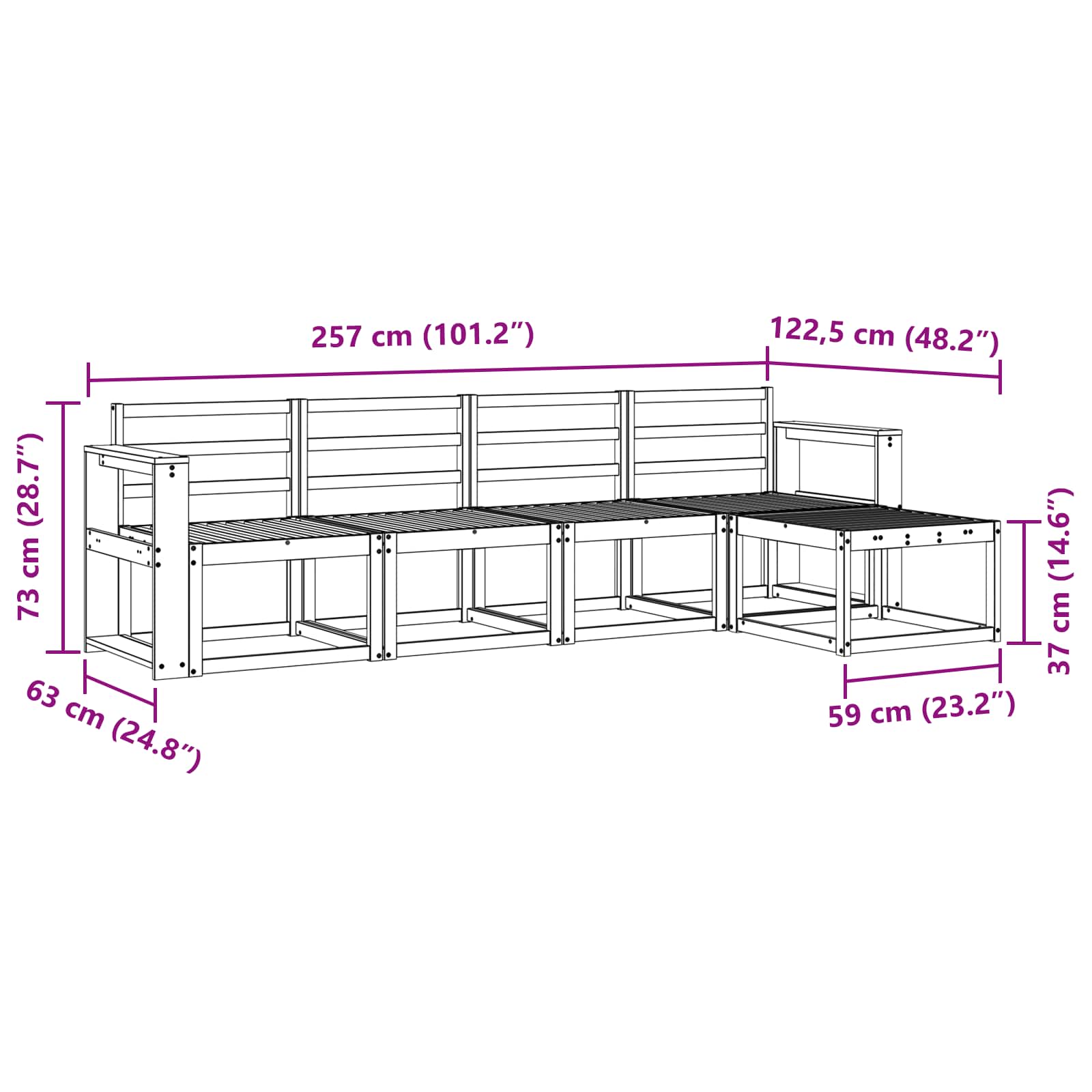 vidaXL Zestaw sof na zewnątrz 5 pcs Biały 257 x 122,5 x 73 cm
