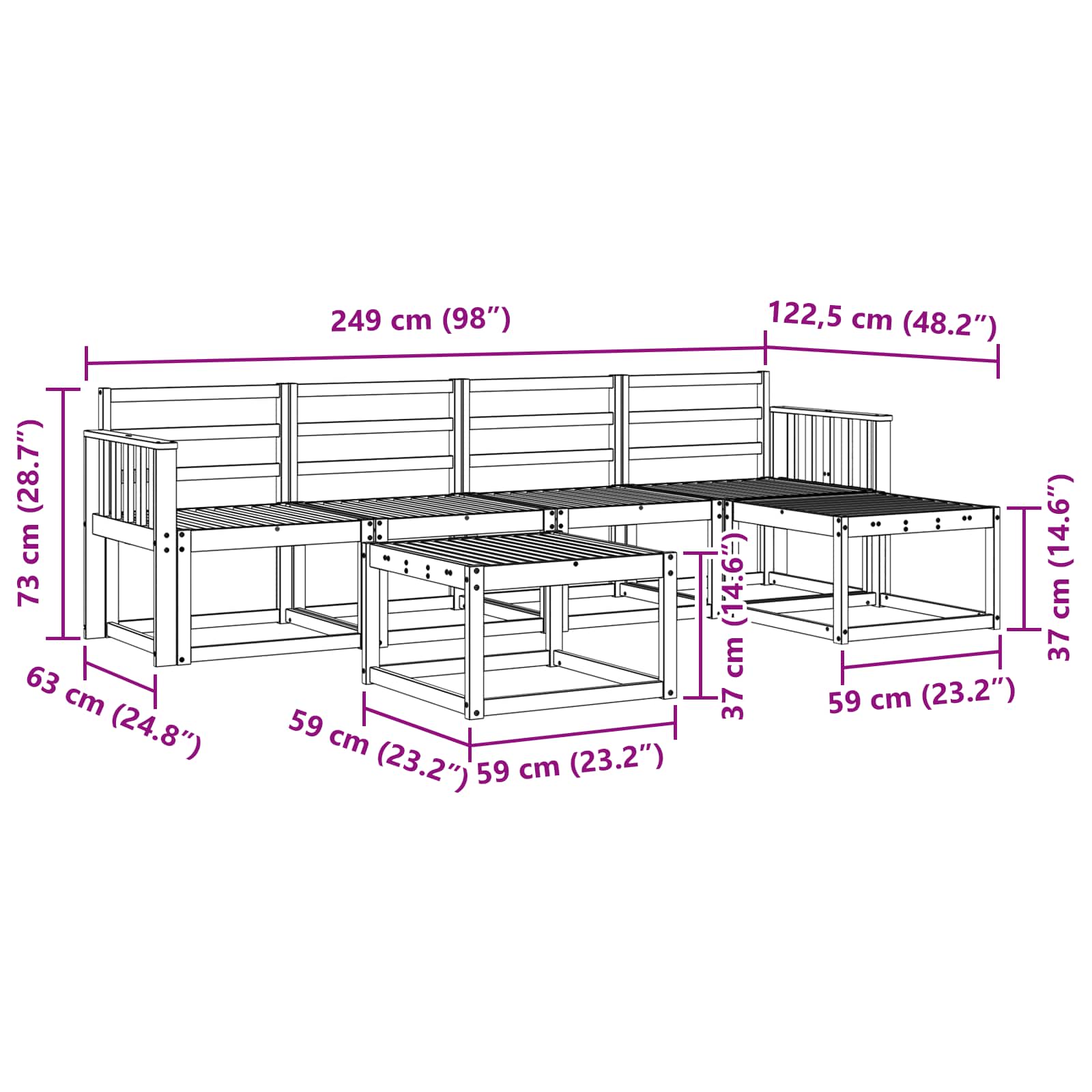 vidaXL Zestaw sof na zewnątrz 6 pcs Biały 59 x 59 x 37 cm