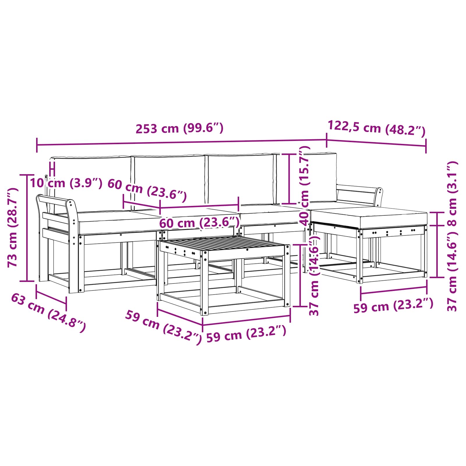 vidaXL Zestaw sof na zewnątrz 6 pcs Biały i jasnoszary 59 x 59 x 37 cm