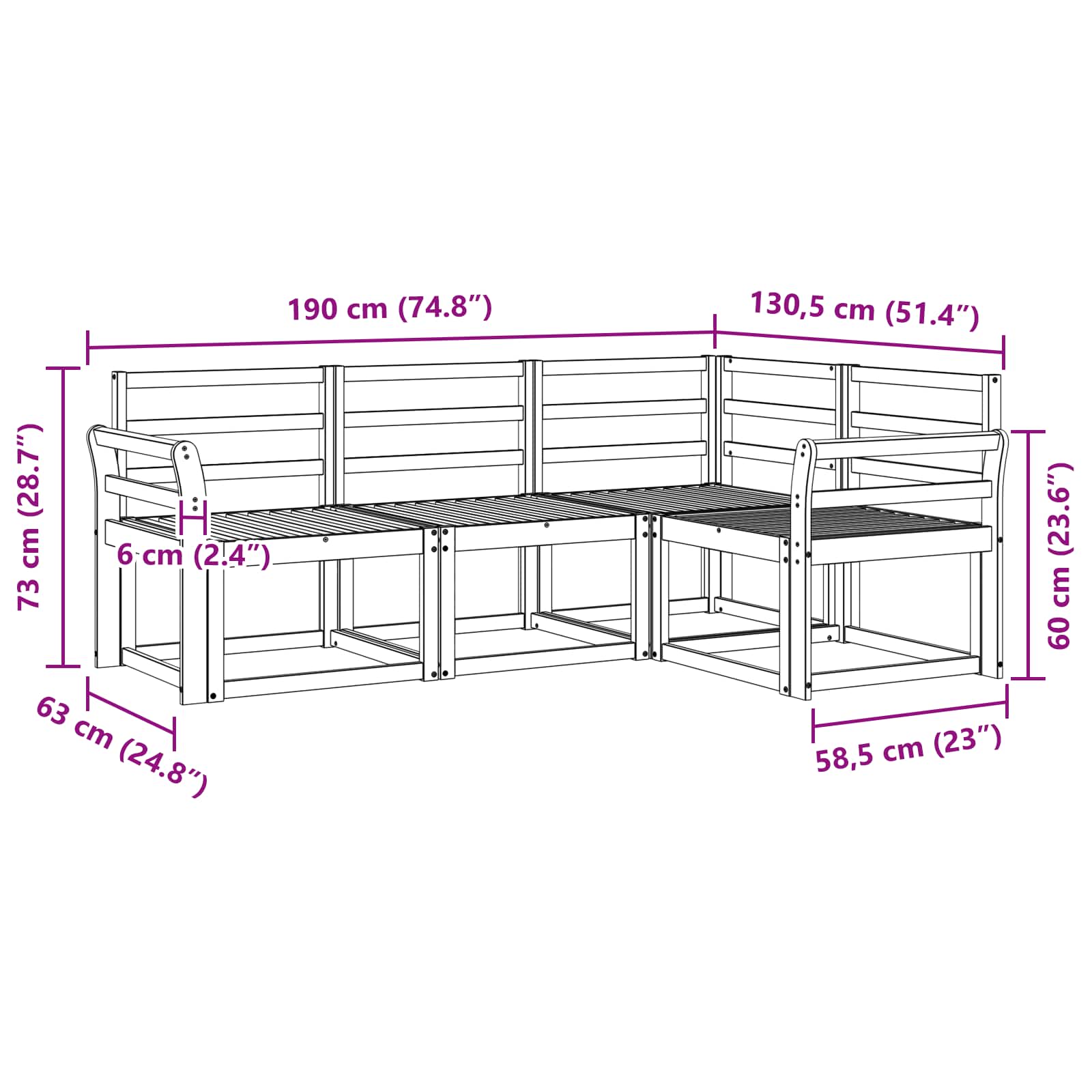 vidaXL Zestaw sof na zewnątrz 4 pcs Biały 190 x 130,5 x 73 cm