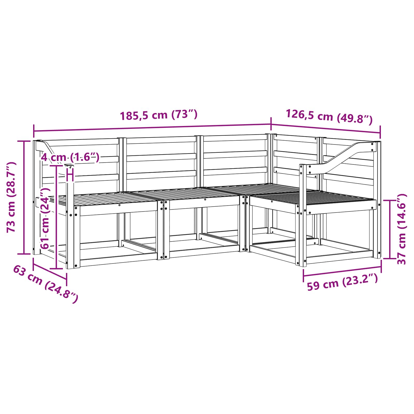 vidaXL Zestaw sof na zewnątrz 4 pcs Biały 185,5 x 126,5 x 73 cm