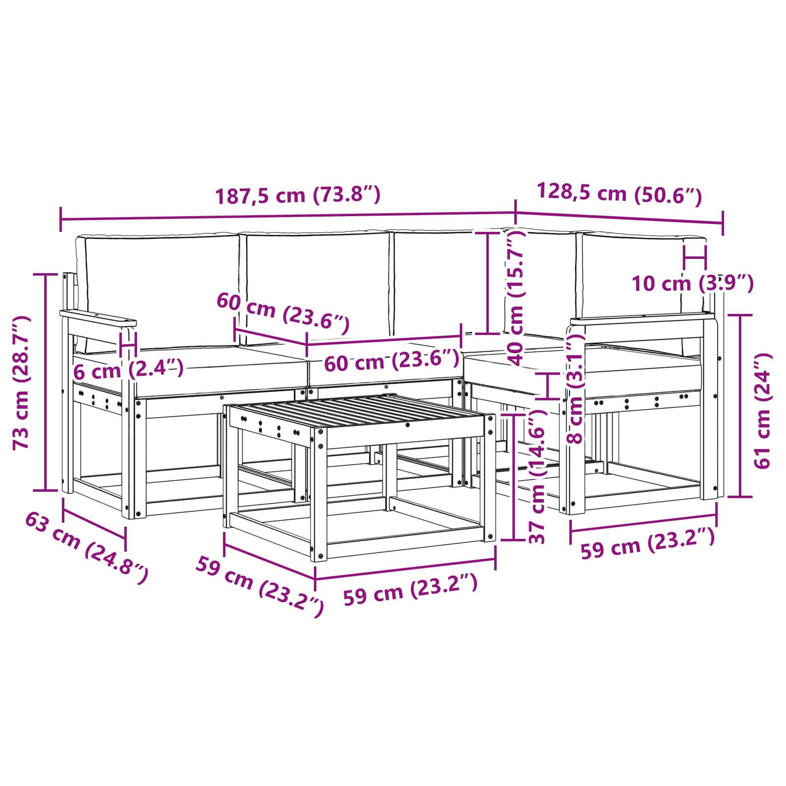 vidaXL Zestaw sof na zewnątrz 5 pcs Biały i jasnoszary 59 x 59 x 37 cm