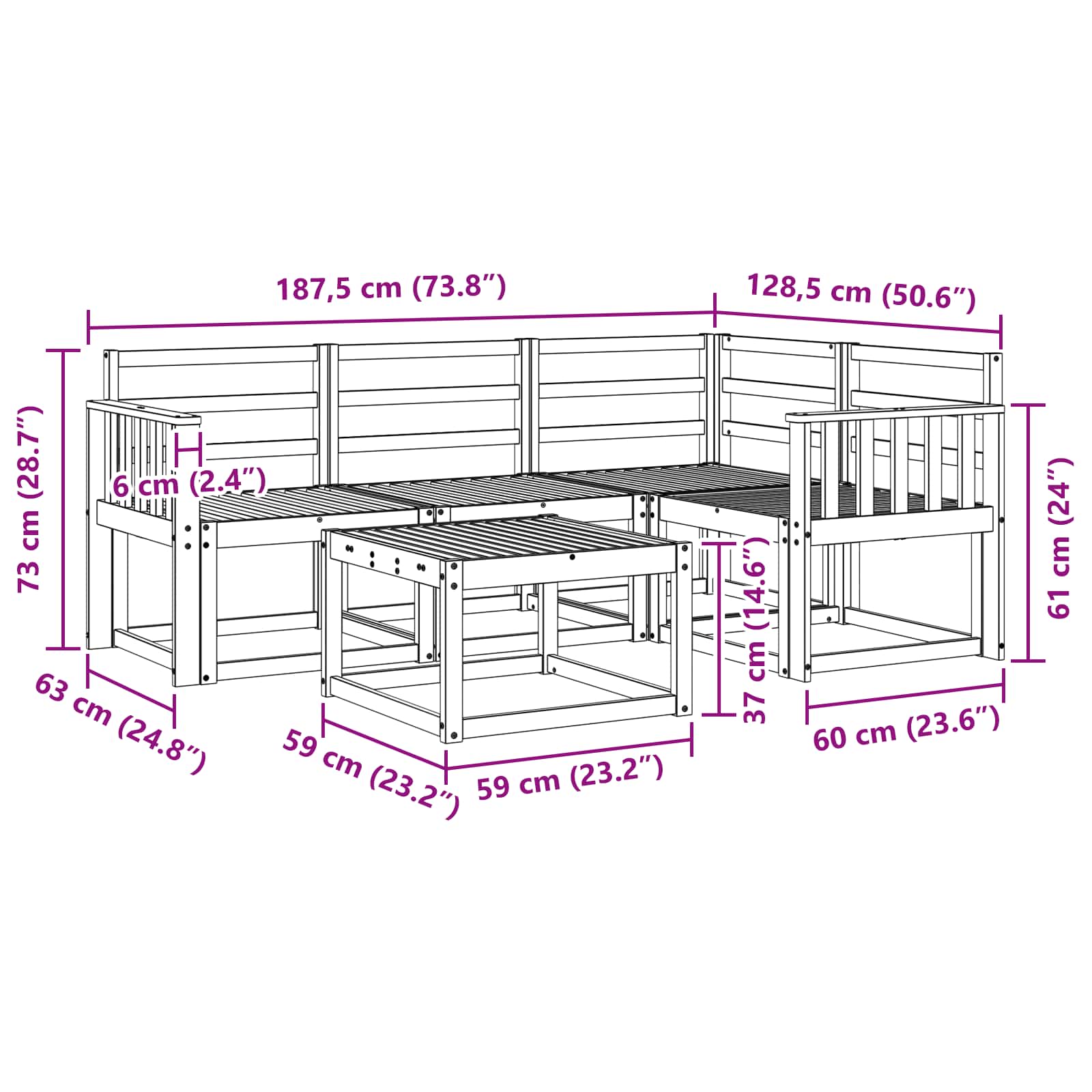 vidaXL Zestaw sof na zewnątrz 5 pcs Biały 59 x 59 x 37 cm