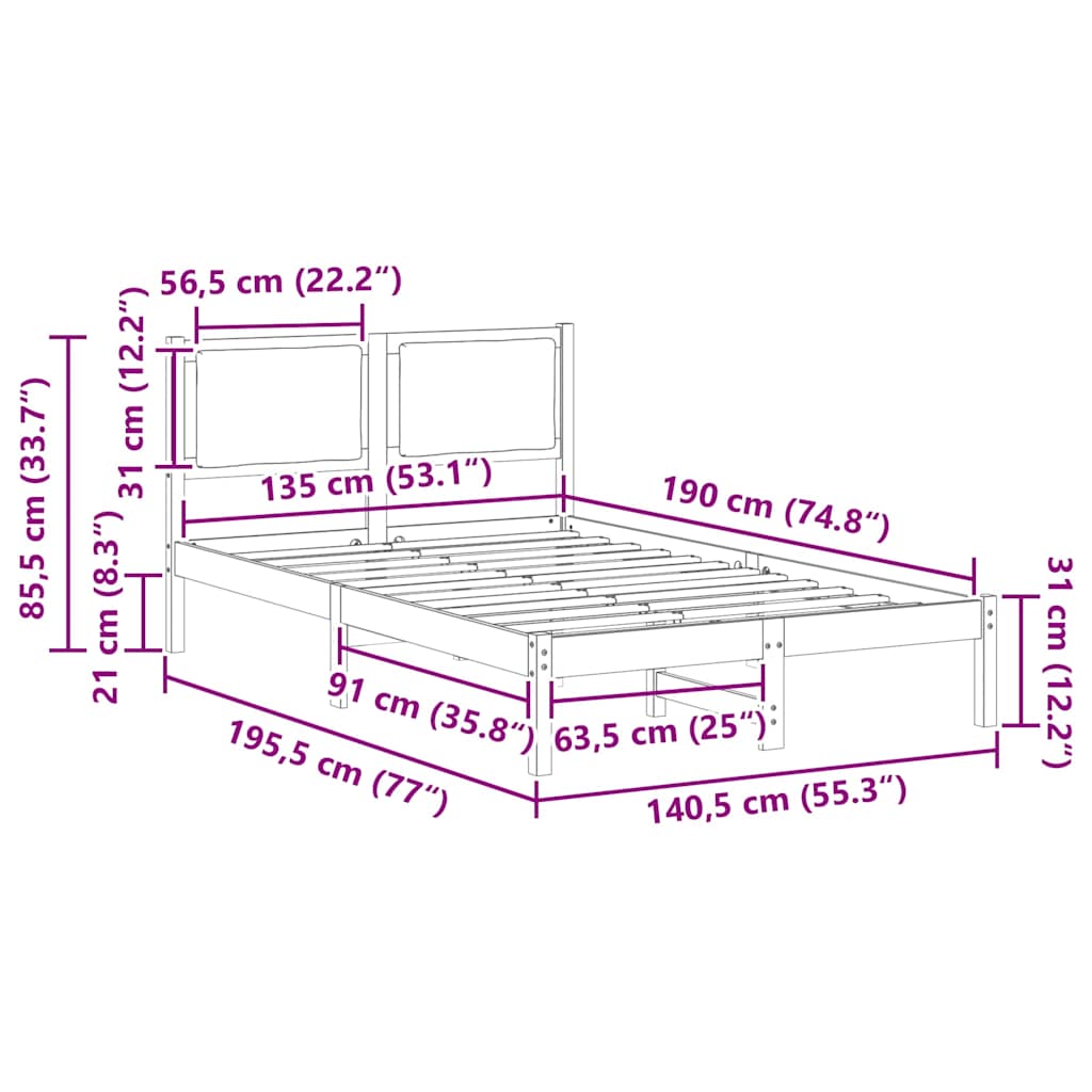 vidaXL Ramka łóżka Jasnoszary 135 x 190 cm Lite drewno sosnowe