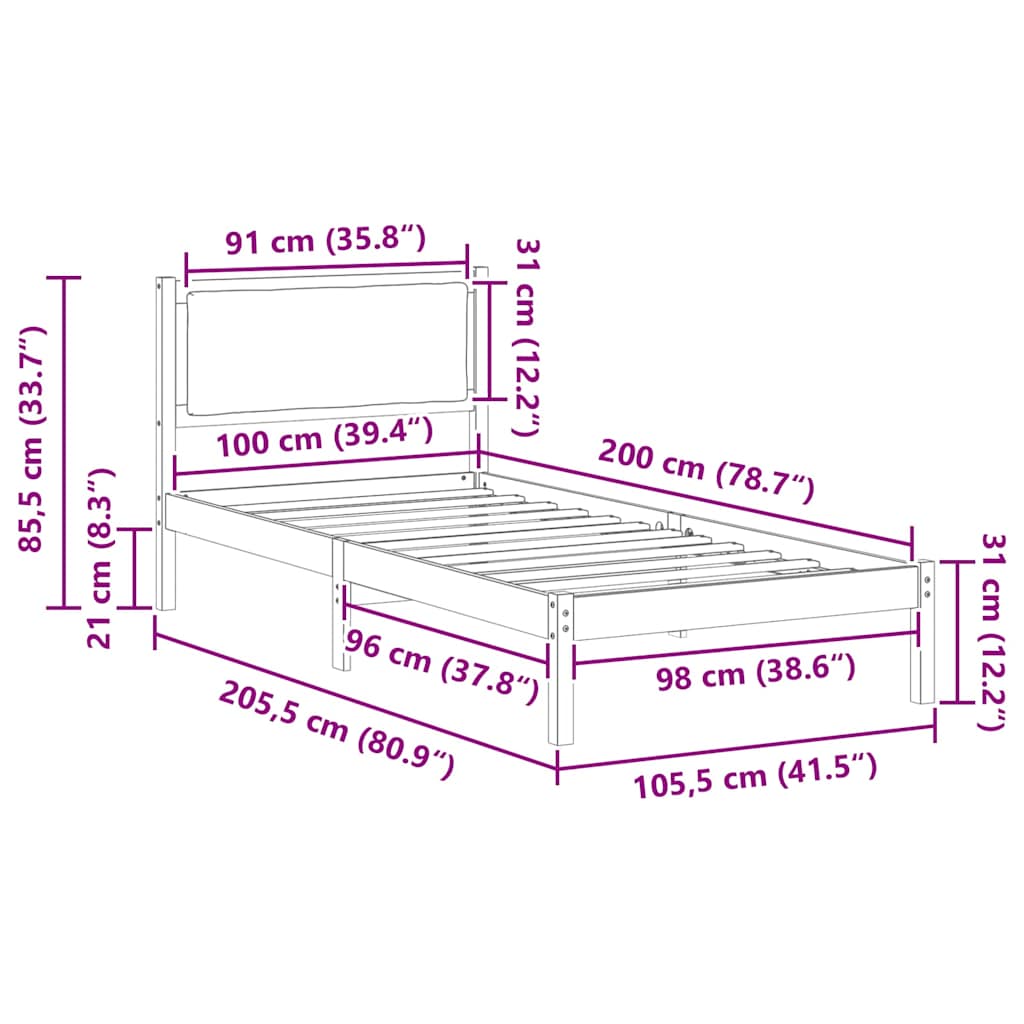 vidaXL Ramka łóżka Jasnoszary 100 x 200 cm Lite drewno sosnowe