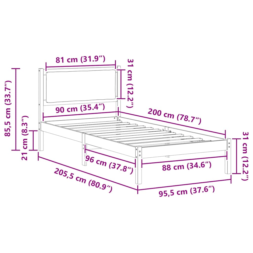 vidaXL Ramka łóżka Z zagłówkiem Czarny 90 x 200 cm Lite drewno sosnowe