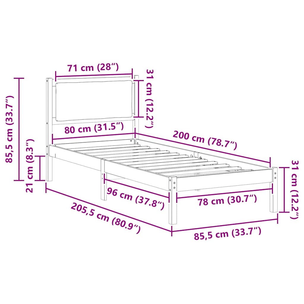 vidaXL Ramka łóżka Z zagłówkiem Czarny 80 x 200 cm Lite drewno sosnowe