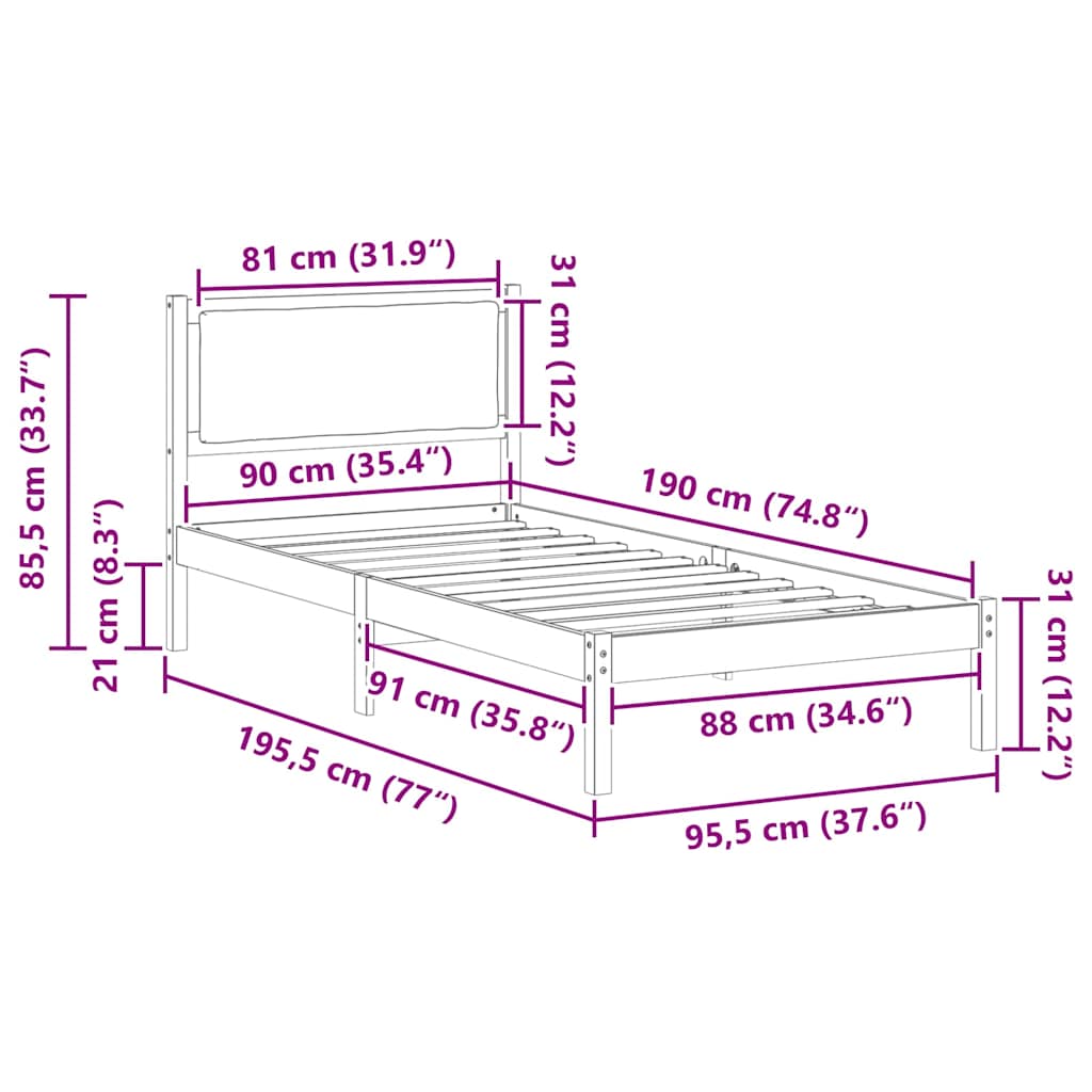 vidaXL Ramka łóżka Z zagłówkiem Czarny 90 x 190 cm Lite drewno sosnowe