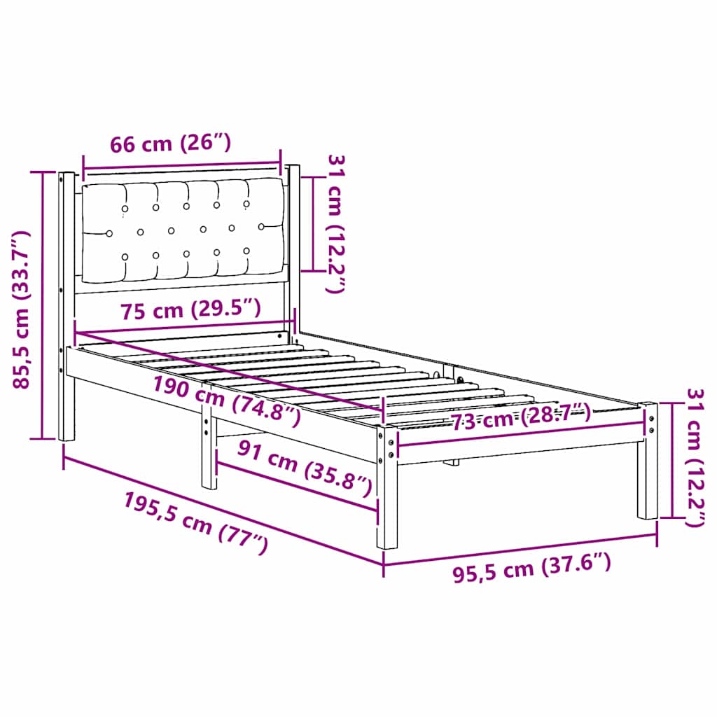 vidaXL Ramka łóżka Jasnoszary 75 x 190 cm Lite drewno sosnowe
