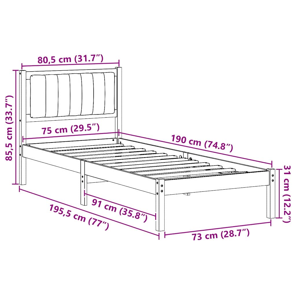 vidaXL Ramka łóżka z tapicerowanym wezgłowiem Jasnoszary 75 x 190 cm