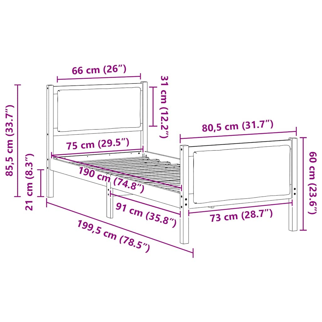 vidaXL Ramka łóżka Z zagłówkiem Czarny 75 x 190 cm tkanina