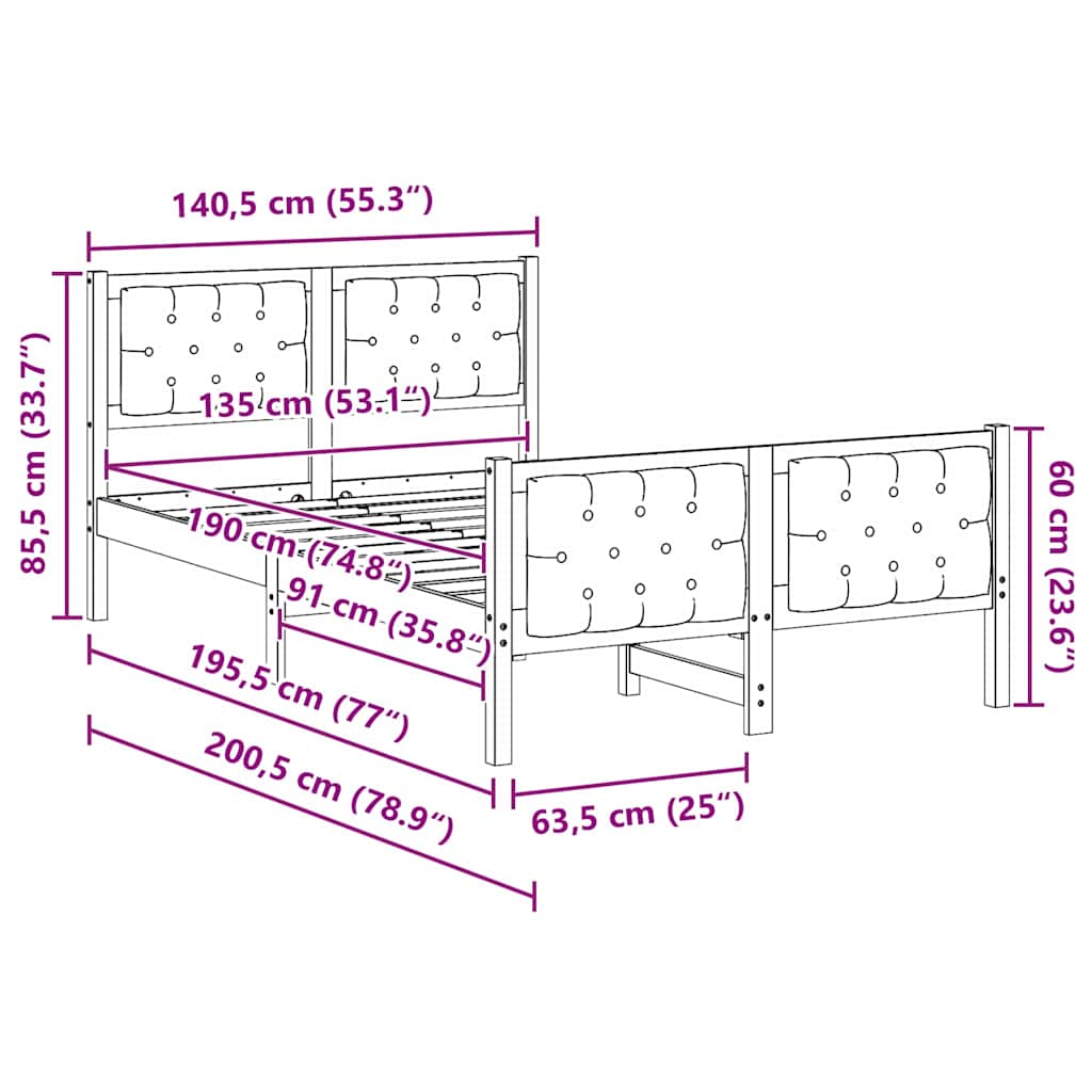 vidaXL Ramka łóżka Ciemnoszary 135 x 190 cm Lite drewno sosnowe